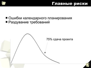 5
Главные риски
■ Ошибки календарного планирования
■ Раздувание требований
75% сдача проекта
 
