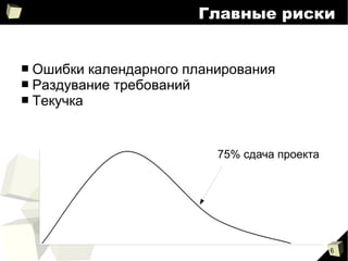 6
Главные риски
■ Ошибки календарного планирования
■ Раздувание требований
■ Текучка
75% сдача проекта
 