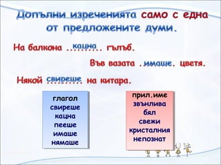 глагол
свиреше
кацна
пееше
имаше
нямаше
глагол
свиреше
кацна
пееше
имаше
нямаше
прил.име
звънлива
бял
свежи
кристалния
непознат
прил.име
звънлива
бял
свежи
кристалния
непознат
 