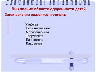 Выявление области одаренности детей
Учебная
Познавательная
Мотивационная
Творческая
Личностная
Лидерская
Характеристика одаренности ученика:
 
