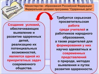 Министерство образования Российской Федерации
Федеральная целевая программа “Одаренные дети”
Создание условий,
обеспечивающих
выявление и
развитие одаренных
детей,
реализацию их
потенциальных
возможностей,
является одной из
приоритетных задач
современного
общества.
Требуется серьезная
просветительская
работа
среди учителей и
работников народного
образования,
а также родителей для
формирования у них
научно адекватных и
современных
представлений
о природе, методах
выявления и путях
развития одаренности.
 