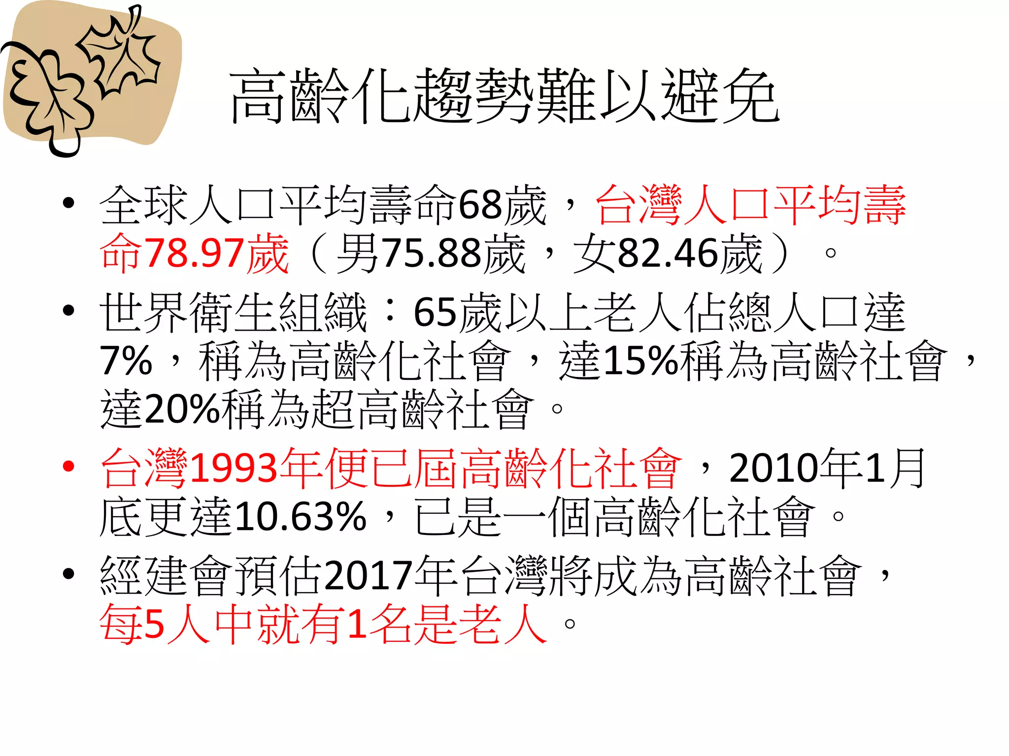 高齡化趨勢難以避免
• 全球人口平均壽命68歲，台灣人口平均壽
命78.97歲（男75.88歲，女82.46歲）。
• 世界衛生組織：65歲以上老人佔總人口達
7%，稱為高齡化社會，達15%稱為高齡社會，
達20%稱為超高齡社會。
• 台灣1993年便已屆高齡化社會，2010年1月
底更達10.63%，已是一個高齡化社會。
• 經建會預估2017年台灣將成為高齡社會，
每5人中就有1名是老人。
 