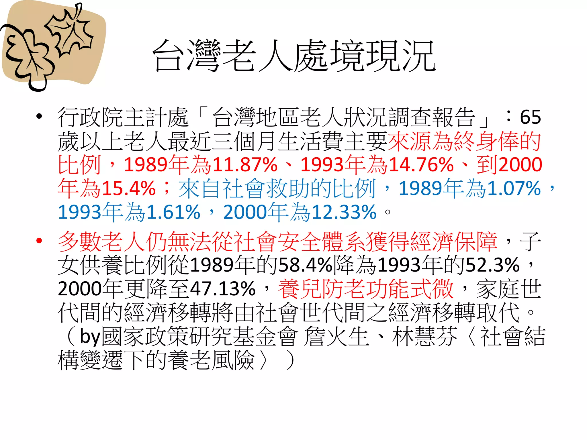 台灣老人處境現況
• 行政院主計處「台灣地區老人狀況調查報告」：65
歲以上老人最近三個月生活費主要來源為終身俸的
比例，1989年為11.87%、1993年為14.76%、到2000
年為15.4%；來自社會救助的比例，1989年為1.07%，
1993年為1.61%，2000年為12.33%。
• 多數老人仍無法從社會安全體系獲得經濟保障，子
女供養比例從1989年的58.4%降為1993年的52.3%，
2000年更降至47.13%，養兒防老功能式微，家庭世
代間的經濟移轉將由社會世代間之經濟移轉取代。
（by國家政策研究基金會 詹火生、林慧芬〈社會結
構變遷下的養老風險〉 ）
 