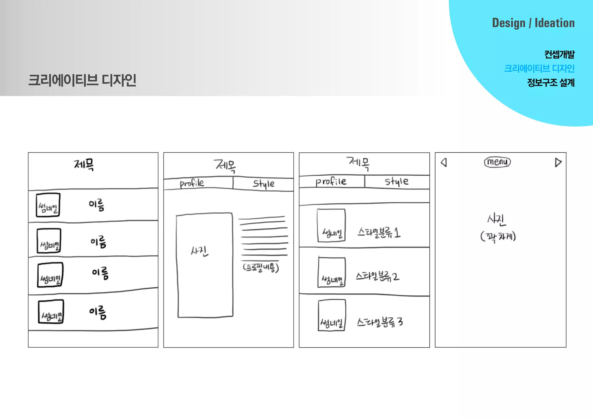 Design / Ideation
컨셉개발
크리에이티브디자인
정보구조설계크리에이티브디자인
 