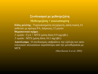 Συνδυασμοί με μεθοτρεξάτη
Μεθοτρεξάτη + κυκλοσπορίνη
Είδος μελέτης : Τυχαιοποιημένη ελεγχόμενη, απλή-τυφλή, 61
ασθενών με πρώιμη ΡΑ, διάρκειας 12 μηνών
Θεραπευτικό σχήμα :
1η
ομάδα : CyA + ΜΤΧ (μέση δόση 9.9 mg/εβδ.)
2η
ομάδα : ΜΤΧ (μέση δόση 10.2 mg/εβδ.)
Αποτέλεσμα : Ο συνδυασμός επιβράδυνε την εξέλιξη των ακτι-
νολογικών αλλοιώσεων περισσότερο από την μονοθεραπεία με
ΜΤΧ
(Marchesoni A et al, 2003)
 