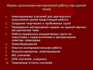 Формы организации методической работы над единойФормы организации методической работы над единой
темойтемой
1.1. Анкетирование учителей для деятельногоАнкетирование учителей для деятельного
осмысления целей предстоящей работыосмысления целей предстоящей работы
2.2. Создание творческих и проблемных группСоздание творческих и проблемных групп
3.3. Проведение методических недель по единой научно-Проведение методических недель по единой научно-
методической темеметодической теме
4.4. Работа временных инициативных групп поРабота временных инициативных групп по
подготовке к педагогическим и методическимподготовке к педагогическим и методическим
советам, семинарамсоветам, семинарам
5.5. СамообразованиеСамообразование
6.6. Опытно-экспериментальная работаОпытно-экспериментальная работа
7.7. Консультирование, анкетированиеКонсультирование, анкетирование
8.8. МО учителейМО учителей
9.9. НПК учителей, учащихсяНПК учителей, учащихся
10.10. Творческие отчеты учителейТворческие отчеты учителей
 