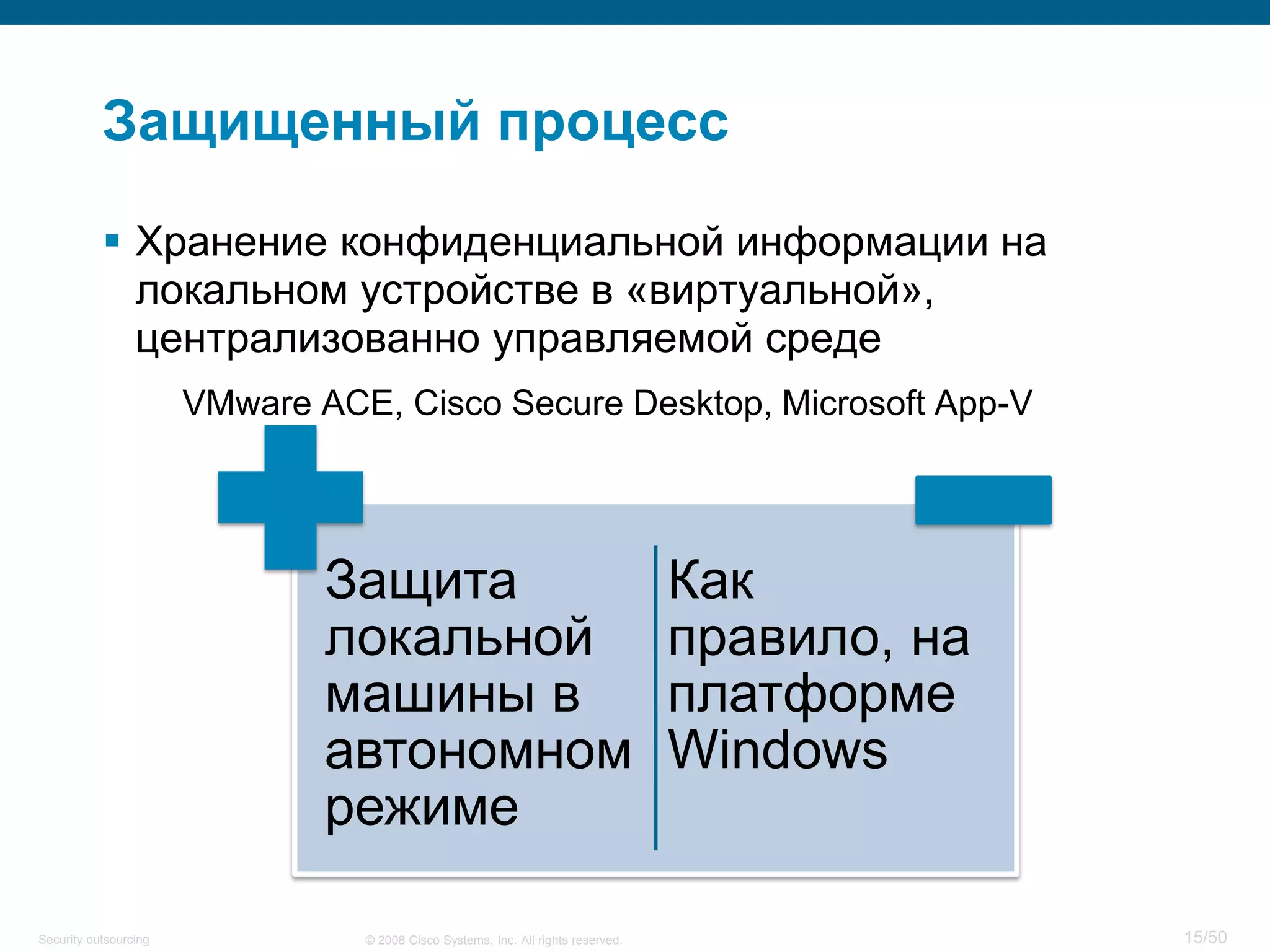 15/50© 2008 Cisco Systems, Inc. All rights reserved.Security outsourcing
Защищенный процесс
 Хранение конфиденциальной информации на
локальном устройстве в «виртуальной»,
централизованно управляемой среде
VMware ACE, Cisco Secure Desktop, Microsoft App-V
Защита
локальной
машины в
автономном
режиме
Как
правило, на
платформе
Windows
 