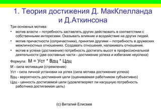 (c) Виталий Елисеев
1. Теория достижения Д. МакКлелланда
и Д.Аткинсона
Три основных мотива:
• мотив власти – потребность заставлять других действовать в соответствии с
собственными интересами. Оказывать влияние и воздействие на других людей.
• мотив причастности (сопричастники), принятия другими – потребность в дружеских
межличностных отношениях. Создавать отношения, налаживать отношения.
• мотив в успехе (достижения) потребность достигать высот в профессиональной
деятельности (две составные части - достижение успеха и избегание неуспеха)
Формула: М = Уст * Вдц * Цдц
М - сила мотивации (стремление)
Уст - сила личной установки на успех (сила мотива достижения успеха)
Вдц - вероятность достижения цели (оцениваемая работником субъективно)
Цдц - ценность достигаемой цели (удовлетворяет ли насущную потребность
работника достигаемая цель)
 