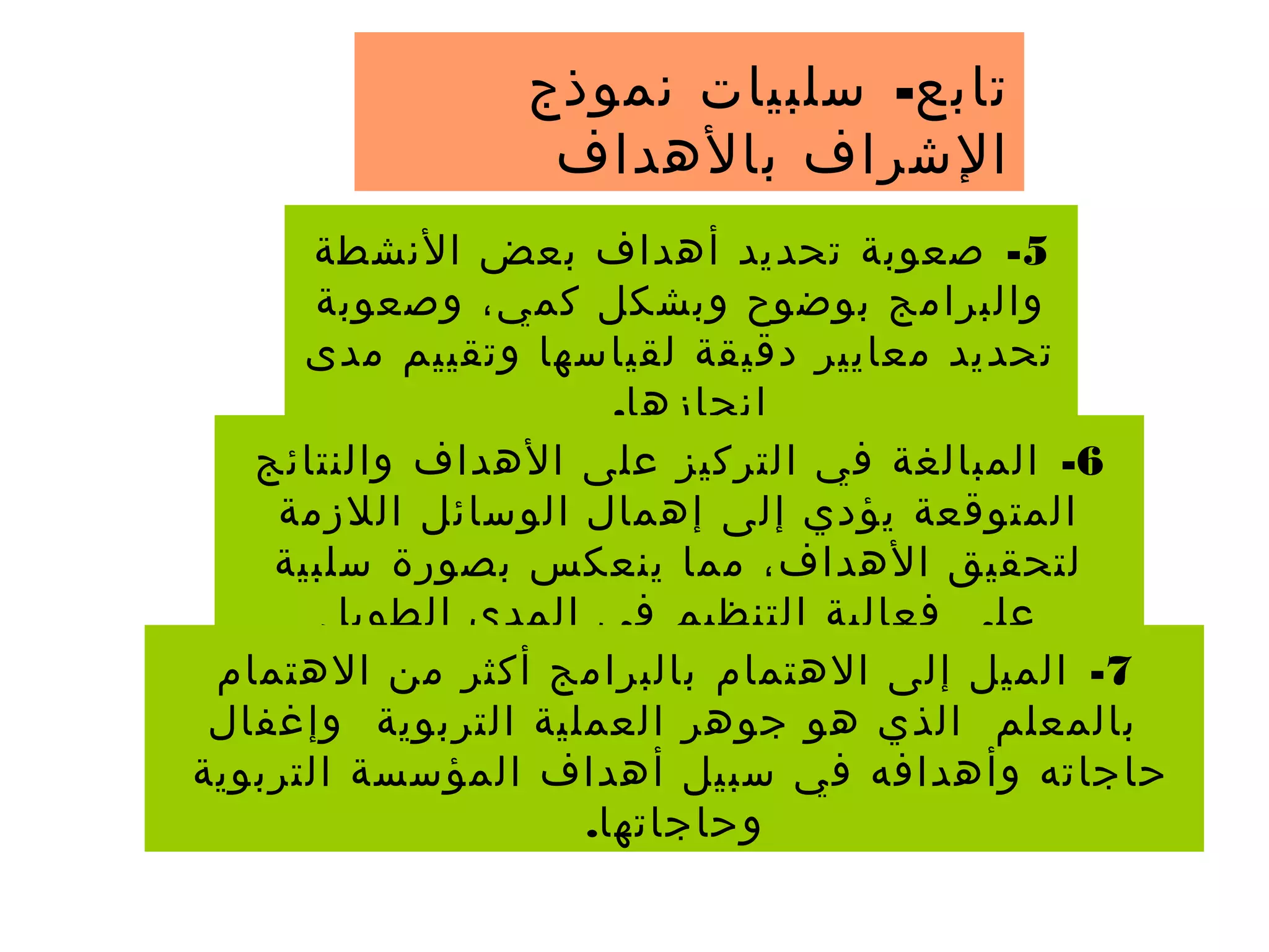 -‫تابع‬‫نموذج‬ ‫سلبيات‬
‫بالهداف‬ ‫الشراف‬
5-‫النشطة‬ ‫بعض‬ ‫أهداف‬ ‫تحديد‬ ‫صعوبة‬
‫وصعوبة‬ ،‫كمي‬ ‫وبشكل‬ ‫بوضوح‬ ‫والبرامج‬
‫مدى‬ ‫وتقييم‬ ‫لقياسها‬ ‫دقيقة‬ ‫معايير‬ ‫تحديد‬
.‫إنجازها‬
6-‫والنتائج‬ ‫الهداف‬ ‫على‬ ‫التركيز‬ ‫في‬ ‫المبالغة‬
‫اللزمة‬ ‫الوسائل‬ ‫إهمال‬ ‫إلى‬ ‫يؤدي‬ ‫المتوقعة‬
‫سلبية‬ ‫بصورة‬ ‫ينعكس‬ ‫مما‬ ،‫الهداف‬ ‫لتحقيق‬
‫الطويل‬ ‫المدى‬ ‫في‬ ‫التنظيم‬ ‫فعالية‬ ‫على‬
7-‫الهتمام‬ ‫من‬ ‫أكثر‬ ‫بالبرامج‬ ‫الهتمام‬ ‫إلى‬ ‫الميل‬
‫وإغفال‬ ‫التربوية‬ ‫العملية‬ ‫جوهر‬ ‫هو‬ ‫الذي‬ ‫بالمعلم‬
‫التربوية‬ ‫المؤسسة‬ ‫أهداف‬ ‫سبيل‬ ‫في‬ ‫وأهدافه‬ ‫حاجاته‬
.‫وحاجاتها‬
 