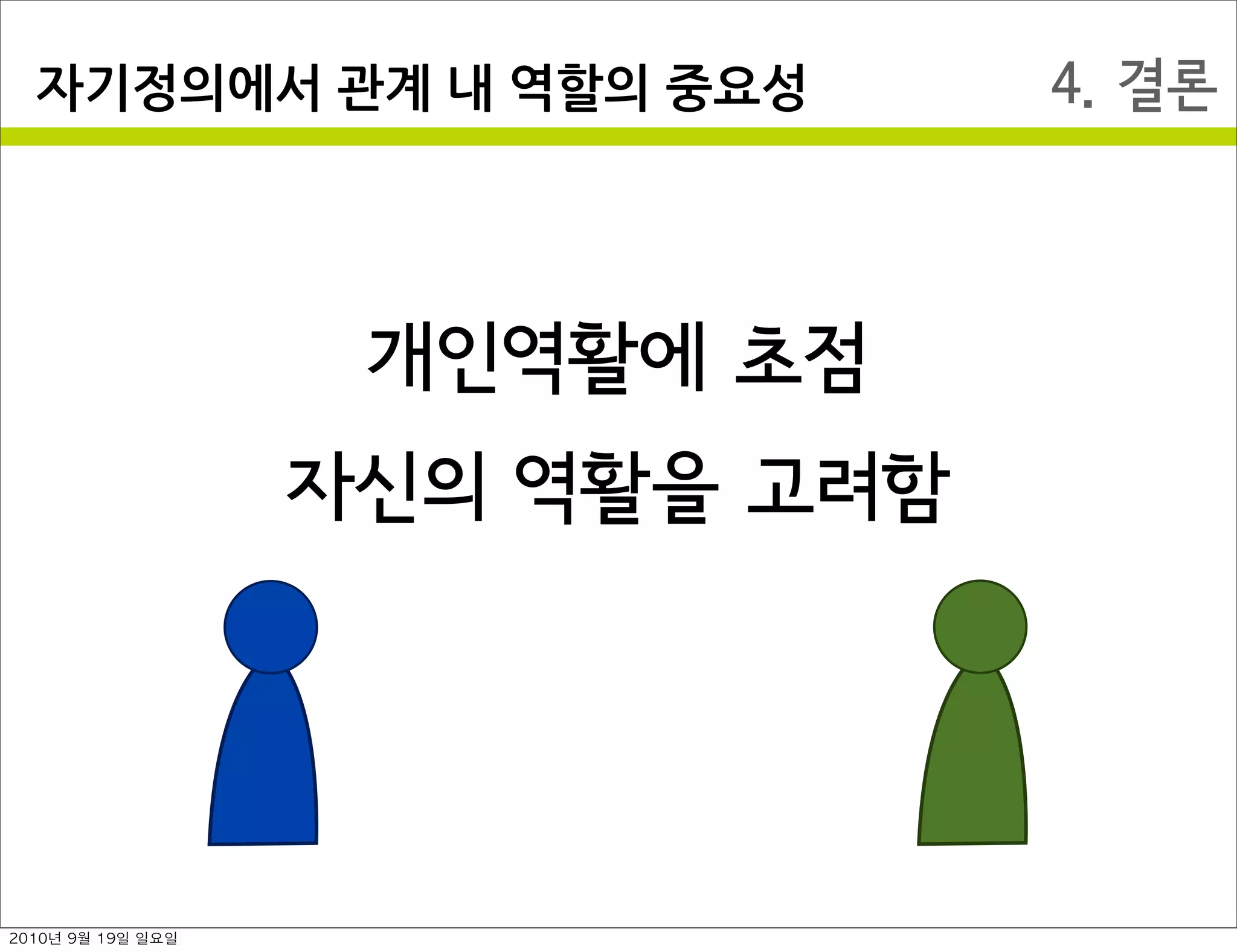 4. 결론자기정의에서￼관계￼내￼역할의￼중요성
개인역활에 초점
자신의 역활을 고려함
2010년 9월 19일 일요일
 