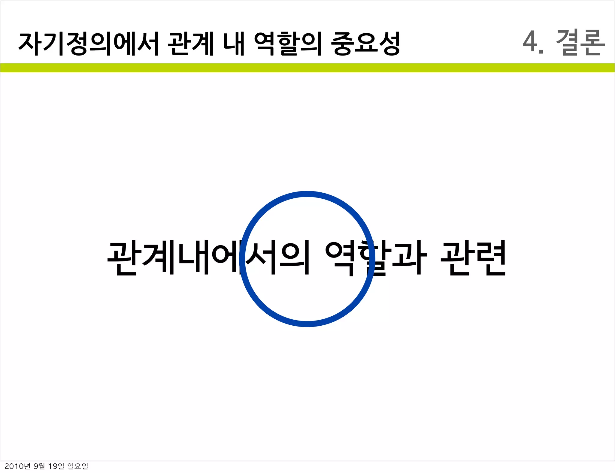 4. 결론자기정의에서￼관계￼내￼역할의￼중요성
관계내에서의 역할과 관련
2010년 9월 19일 일요일
 