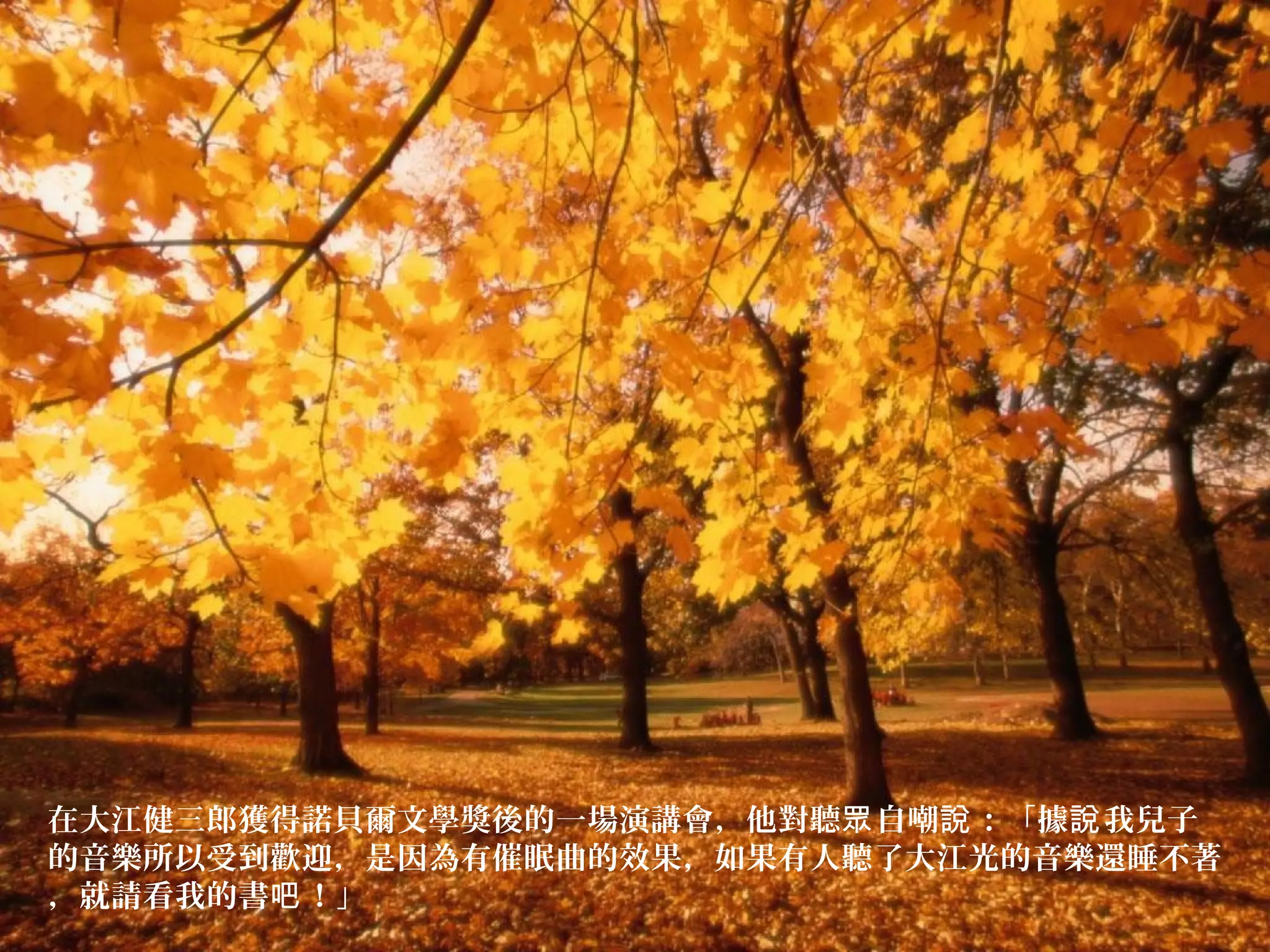 在大江健三郎獲得諾貝爾文學獎後的一場演講會，他對聽 自嘲 ：「據 我兒子眾 說 說
的音樂所以受到歡迎，是因為有催眠曲的效果，如果有人聽了大江光的音樂還睡不著
，就請看我的書 ！」吧
 