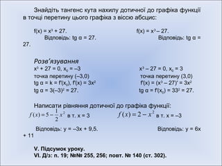 Знайдіть тангенс кута нахилу дотичної до графіка функції в точці перетину цього графіка з віссю абсцис: f(x) = х 3  + 27.  f(x) = х 3  – 27. Відповідь:  tg α  = 27 .  Відповідь:  tg α  = 27 .  Розв’язування х 3  + 27 = 0, х 0  = –3  х 3  – 27 = 0, х 0  = 3 точка перетину (–3,0)  точка перетину (3,0) tg α  =  k  = f′(x 0 ), f′(x) = 3х 2   f′(x) = (х 3  – 27)′ = 3х 2 tg α  = 3 ּ (–3) 2  = 27.  tg α  = f′(x 0 ) = 3 ּ 3 2  = 27. Написати   рівняння дотичної до графіка функції: в т. х = 3  в т. х = –3 Відповідь:  у = –3х + 9,5 .  Відповідь:  у = 6х + 11   V . Підсумок уроку. VI . Д/з: п. 19; №№ 255, 256; повт. № 140 (ст. 302). 