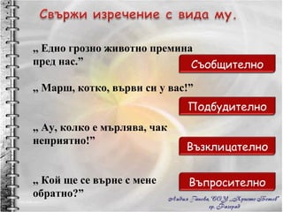 ,, Едно грозно животно премина пред нас.” ,, Марш, котко, върви си у вас!” ,, Ау, колко е мърлява, чак неприятно!” ,, Кой ще се върне с мене обратно?” Съобщително Възклицателно Въпросително Подбудително Съобщително Подбудително Възклицателно Въпросително 