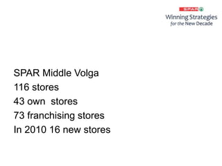 SPAR Middle Volga
116 stores
43 own stores
73 franchising stores
In 2010 16 new stores
 