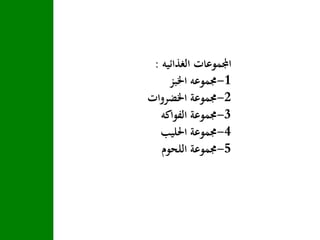 ‫الغذائيه‬ ‫اجملموعات‬:
-1‫اخلبز‬ ‫جمموعه‬
-2‫اخلضروات‬ ‫جمموعة‬
-3‫الفواكه‬ ‫جمموعة‬
-4‫احلليب‬ ‫جمموعة‬
-5‫اللحوم‬ ‫جمموعة‬
 