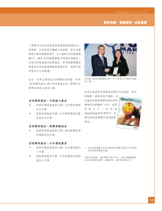 13
宏利國際控股有限公司二○○五年度年刊
業務回顧：積極進取 成就盡顯
宏利旗下基金憑藉優異表現，於二零零五年勇奪多個基
金大獎。
二零零五年宏利的財富管理業務發展邁向另一
新里程：去年除成功擴展分銷渠道，與中信嘉
華銀行組成策略性夥伴，合力銷售「宏利智富錦
囊」外，還在「宏利智富錦囊」中新增多項基金，
包括宏利智富澳洲股票基金、宏利智富韓國股
票基金及宏利智富泰國股票基金等，為客戶提
供更多元化的選擇。
此 外 ， 宏 利 互 惠 基 金 亦 持 續 表 現 卓 越 ， 其 中
「宏利環球基金」旗下的多隻基金在二零零五年
勇奪多項傑出表現大獎：
宏利環球基金－中華威力基金
• 南華早報基金經理大獎－大中華股票組
別五年獎
• 理柏香港基金年獎－大中華股票組別最
佳基金五年獎
宏利環球基金－新興東歐基金
• 南華早報基金經理大獎－歐洲股票新興
市場組別五年獎
宏利環球基金－日本增長基金
• 南華早報基金經理大獎－日本股票組別
十年獎
• 理柏香港基金年獎－日本股票組別最佳
基金十年獎
有見投資者對市場資訊的需求日益增加，宏利
遂舉辦一連串的每月講座，旨
在協助投資者發掘有效的理財
策略及投資機會。此外，我們
更 推 出 了 一 份 名 為
WealthStyles的投資季刊，定
期向投資者報導市場的最新
資訊。
* 宏利智富錦囊乃宏利人壽保險（國際）有限公司所簽發
的投資相連壽險計劃。
投資涉及風險，基金價格可跌亦可升，過往業績數據並
非未來業績的指標。有關詳情，請參閱銷售文件。
 