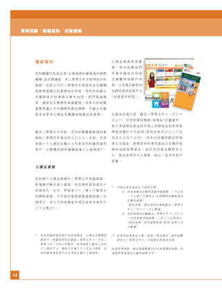 14
業務回顧：積極進取 成就盡顯
僱員福利
宏利繼續向成為全港「企業首選的僱員福利服務
機構」這目標邁進，而二零零五年亦取得良好的
進展。自從公司於二零零四年將退休金及團體
保險兩個獨立的業務部合併後，現時所有僱主
及 僱 員 客 戶 的 事 務 均 集 中 由 同 一 部 門 透 過 親
身、書面及互聯網等渠道處理。而是次的架構
重整更讓公司可擴闊其產品種類，令僱主及僱
員享有更多公積金及團體保險產品的選擇。
截至二零零五年年底，宏利的整體僱員福利業
務較二零零四年增加百分之十九。目前，本港
有逾六十七萬的在職人士均是宏利的僱員福利
客戶，佔整體非政府機構就業人士逾兩成^。
公積金業務
宏利旗下公積金業務於二零零五年再創高峰：
新增帳戶數目達八萬個；而定期供款則達四十
四億港元；此外，更接收了十二億七千萬港元
的轉移資產，令年底的管理資產總額超逾三百
億港元，而公司的強積金市場佔有率亦達百分
之十五點五＊
。
公 積 金 業 務 表 現 優
異 ， 其 中 有 賴 我 們
早 著 先 機 成 功 吸 納
及 維 繫 保 留 帳 戶 成
員，以及推出嶄新的
自願性退休投資平台
「自選退休供款」。
在基金回報方面，截至二零零五年十二月三十
日止＊＊
，於宏利環球精選（強積金）計劃當中，
有六項強積金基金與市場上同類基金的表現看
齊甚或優於平均表現（即排名前百分之二十五
或百分之五十之列），其中包括廣受歡迎的寫
意生活基金、選擇眾多的環球基金以及備受追
捧的地區股票基金。由於宏利基金種類多元
化，基金表現亦令人滿意，故此一直深受客戶
愛戴。
^ 宏利的僱員福利客戶包括強積金、公積金及團體保
險客戶。根據政府統計處就二零零五年十一月至二
零零六年一月的公布數字，香港就業人數為三百四
十二萬四千人，撤除十五萬六千二百名公務員，宏
利的僱員福利客戶佔本港有在職人士逾兩成。
＊
市場佔有率是按以下資料計算：
1) 所有強積金計劃的資產淨值總額：一千五百
一十三億六千萬港元（包括轉移自職業退休
計劃的資產）
（資料來源：積金局統計摘要截至二零零五
年十二月三十一日之數據）
2) 宏利強積金計劃截至二零零五年十二月三十
一日的資產淨值總額：二百三十五億港元
（資料來源：宏利資產管理（香港）有限公司
之數據）
＊＊
由香港投資基金公會 理柏 華信惠悅 富時指數
提供之二零零五年十二月強積金表現排名榜
投資附帶風險，過往業績數據並非未來業績的指標。詳
情請參閱強積金計劃的銷售文件。
 