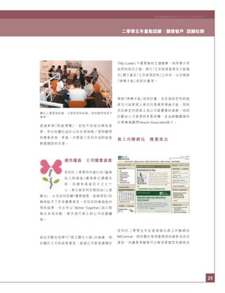 25
二零零五年重點回顧：關懷客戶 回饋社群
宏利國際控股有限公司二○○五年度年刊
透過參與「財經博覽」，宏利不但成功開拓客
源，突出的攤位設計以及在場保險 理財顧問
的專業表現，更進一步鞏固了宏利作為財經服
務業翹楚的形象。
優秀僱員 公司寶貴資產
宏利於二零零四年進行的「僱員
投 入 感 調 查」獲 得員 工 踴躍 支
持 ， 回 應 率 高 達 百 分 之 七 十
七。員工就宏利怎樣成為「上選
僱主」，以及如何延續「優質服務，我做得到」的
精神給予了許多寶貴意見。宏利亦因應調查所
得的結果，於去年以「Better Together」為口號
推 出 多 項 活 動 ， 務 求 提 升 員 工 對 公 司 的 歸 屬
感。
這些活動包括舉行「員工關注小組」討論會，相
討關於公司的政策事宜；邀請公司管理層擔任
「My Career」午餐聚會的主講嘉賓，與同事分享
他們的成功之道；舉行「工作表現管理及才能模
式」簡介會及「工作表現評核」工作坊，以及舉辦
「領導才能」培訓計劃等。
舉辦「領導才能」培訓計劃，旨在協助宏利的經
理及行政管理人員充份發揮其領袖才能，同時
亦反映宏利視員工為公司最寶貴的資產。培訓
計劃由人力資源部負責統籌，並由經驗豐富的
外聘專業顧問Hewitt Associates進行。
員工內聯網站 隆重推出
宏 利 於 二 零 零 五 年 在 香 港 推 出 員 工 內 聯 網 站
MFCentral，提供關於香港業務部的最新消息及
資訊，亦讓香港僱員可以輕易掌握宏利總部及
攤位上層環境舒適，方便我們的保險 理財顧問與客戶
會面。
 