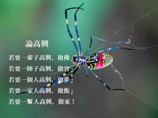 論高興
若要一輩子高興，做佛 ;
若要一陣子高興，做官 ;
若要一個人高興，做夢 ;
若要一家人高興，做飯 ;
若要一 人高興，做東！幫
 