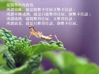 從醫學的角度看，
所謂幼稚，就是既 不住尿又 不住話；憋 憋
所謂不 成熟，就是只能 得住尿，卻 不住話；夠 憋 憋
所謂成熟，就既 得住尿，又 得住話；憋 憋
所謂衰老，就是只 得住話，卻 不住尿。憋 憋
 