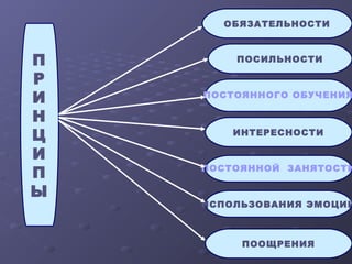 П
Р
И
Н
Ц
И
П
Ы
ОБЯЗАТЕЛЬНОСТИ
ПОСИЛЬНОСТИ
ИСПОЛЬЗОВАНИЯ ЭМОЦИЙ
ИНТЕРЕСНОСТИ
ПООЩРЕНИЯ
ПОСТОЯННОЙ ЗАНЯТОСТИ
ПОСТОЯННОГО ОБУЧЕНИЯ
 