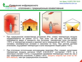 Сравнение инфракрасного
отопления с традиционным конвективным
• При традиционном конвективном отоплении (Рис. слева) температура воздуха
поддерживается на уровне +21°С. При этом, так как весь теплый воздух
поднимается вверх и находится под потолком, температура пола составляет
+15°С, а температура воздуха в верхней части помещения до +40°С. Это создает
человеку некомфортные условия и сквозняки по полу. При данной системе
отопления, ощущаемая температура в зоне нахождения людей равна +18°С.
• При отоплении потолочными излучающими панелями (Рис. справа), допустимая
температура воздуха согласно СНиП 2.04.05-91У* составляет +16°С (а в
некоторых случаях +13°С), а ощущаемая человеком температура такая же, как и
при традиционном отоплении, и равна +18°С. Затраты энергии при этом на 40-
60% меньше, чем при традиционном отоплении.
тел./факс: 8 (057) 700 19 81
www.ecothermo.com.ua
 