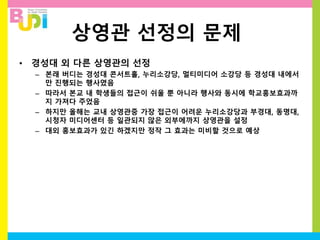 상영관 선정의 문제
• 경성대 외 다른 상영관의 선정
– 본래 버디는 경성대 콘서트홀, 누리소강당, 멀티미디어 소강당 등 경성대 내에서
만 진행되는 행사였음
– 따라서 본교 내 학생들의 접근이 쉬울 뿐 아니라 행사와 동시에 학교홍보효과까
지 가져다 주었음
– 하지만 올해는 교내 상영관중 가장 접근이 어려운 누리소강당과 부경대, 동명대,
시청자 미디어센터 등 일관되지 않은 외부에까지 상영관을 설정
– 대외 홍보효과가 있긴 하겠지만 정작 그 효과는 미비할 것으로 예상
 