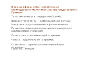 В разных сферах жизни интерактивное
.взаимодействие может иметь разные представления
:Примеры
Телекоммуникации – ;передача сообщений
Высокие технологии – ;человекомашинные системы
Социология – ;отношения людей во времени
Медицина – ;фармакодинамика и фармакокинетика
Искусство – изменение предмета искусства в процессе
;взаимодействия с человеком
Физика – ;воздействие сил на предмет
Статистика – параметральное взаимодействие
;переменных
Генетика – .мутация
 