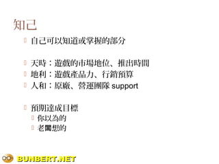 BUNBERT.NETBUNBERT.NET
知己
 自己可以知道或掌握的部分
 天時：遊戲的市場地位、推出時間
 地利：遊戲產品力、行銷預算
 人和：原廠、營運團隊 support
 預期達成目標
 你以為的
 老 想的闆
 