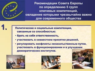 Рекомендации Совета Европы
по определению 5 групп
ключевых компетенций,
овладение которыми чрезвычайно важно
для современного общества
1. Политические и социальные компетенции,
связанные со способностью:
• брать на себя ответственность,
• участвовать в совместном принятии решений,
• регулировать конфликты ненасильственным путем,
участвовать в функционировании и в улучшении
демократических институтов.
 