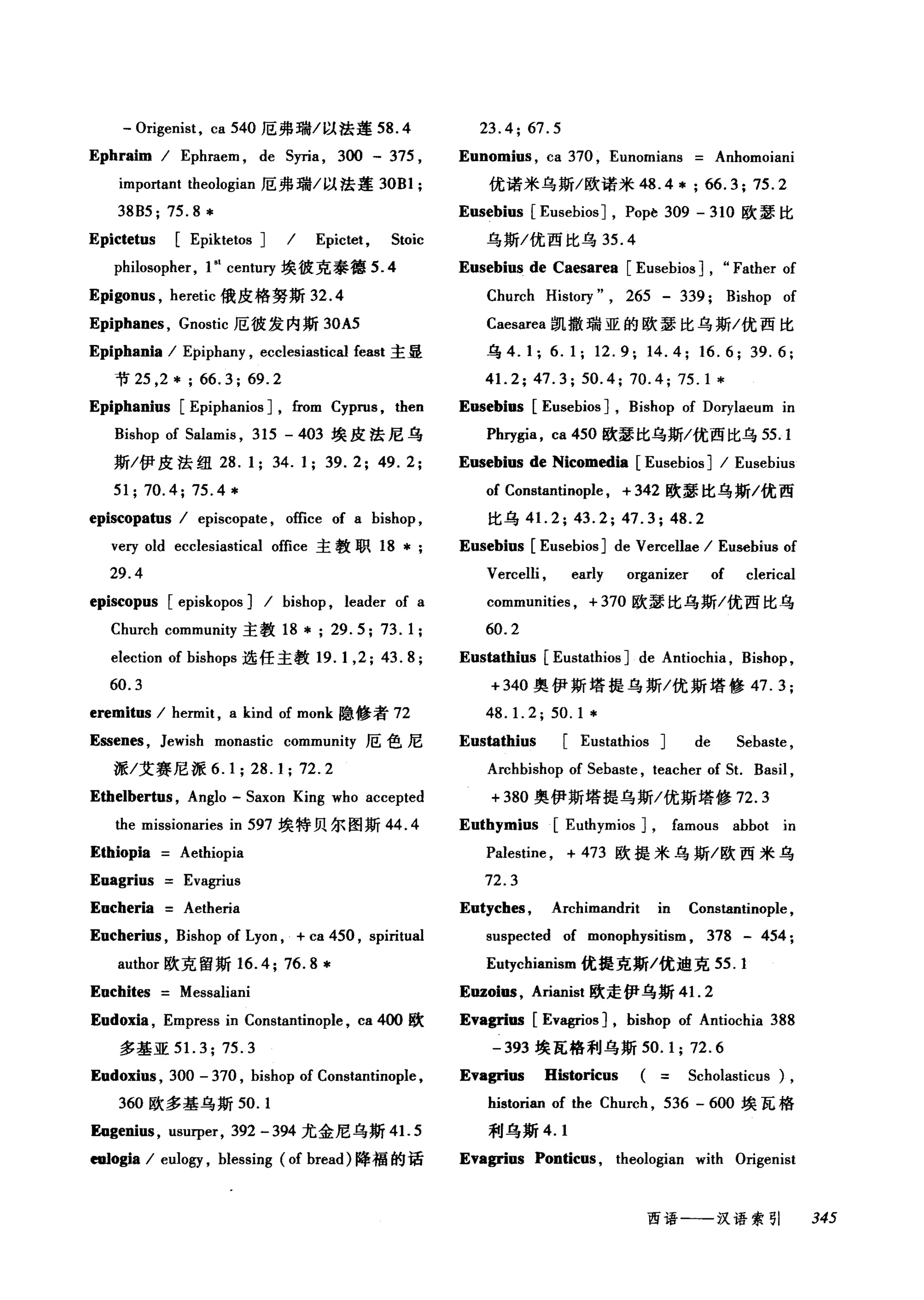 - Origenist, ca 540 厄弗瑞/以法莲 58 .4
Ephraim / Ephraem , de Syria , 300 - 375 ,
important theologian 厄弗瑞/以法莲 30Bl ;
38B5; 75.8 *
Epictetus [Epiktetos J / Epictet, Stoic
philosopher, 1" century 埃彼克泰德 5.4
Epigonus , heretic 俄皮格努斯 32.4
Epiphanes , Gnostic 厄彼发内斯 30A5
Epiphania / Epiphany , ecclesiastical feast 主显
节 25 ， 2 * ; 66.3; 69.2
Epiphanius [Epiphanios J , from Cypn风 then
Bishop of Salamis , 315 - 403 埃皮法尼乌
斯/伊皮法纽 28.1; 34.1; 39.2; 49.2;
51; 70.4; 75.4*
episcopa阳s / episcopate , office of a bishop ,
ve巧 old ecclesiastical office 主教职 18 * ;
29.4
episcopus [episkopos J / bishop , leader of a
Church community 主教 18 * ; 29.5; 73. 1 ;
election of bishops 选任主教 19.1 ， 2; 43.8;
60.3
eremitus / hermit , a kind of monk 隐修者 72
Essenes , Jewish monastic community 厄色尼
派/艾赛尼派 6.1; 28.1; 72.2
Ethelbertus , Anglo - Saxon King who accepted
出e missionaries in 597 埃特贝尔图斯 44.4
Ethiopia Aethiopia
Euagrius Evagrius
Eucheria Aetheria
Eucherius , Bishop of Lyon , + ca 450 , spiritual
author 欧克留斯 16.4;76.8*
Euchites Messaliani
Eudoxia , Empress in Constantinople , ca 4∞欧
多基亚 5 1. 3;75.3
Eudoxius , 300 - 370 , bishop of Constantinople ,
360 欧多基乌斯 50.1
Eogenius , usurper, 392 - 394 尤金尼乌斯 41. 5
剧。gia / eulogy , blessing (of bread) 降福的话
23.4; 67.5
Eunomius , ca 370 , Eunomians Anhomoiani
优诺米乌斯/欧诺米 48.4* ; 66.3; 75.2
Eusebius [Eusebios J , Popè 309 - 310 欧瑟比
乌斯/优西比乌 35.4
Eusebius de Caesarea [Eusebios J , "Father of
Church History" , 265 - 339; Bishop of
Caesarea 凯撒瑞亚的欧瑟比乌斯/优西比
乌 4.1; 6.1; 12.9; 14.4; 16.6; 39.6;
41. 2; 47.3; 50.4; 70.4; 75.1 *
Eusebius [Eusebios J , B蛐op of Dorylaeum in
Ph巧gia ， ca 450 欧瑟比乌斯/优西比乌 55.1
Eusebius de Nicomedia [Eusebios J / Eusebius
of Constantinople , + 342 欧瑟比乌斯/优西
比乌 41.2; 43.2; 47.3; 48.2
Eusebius [EusebiosJ de Vercellae / Eusebius of
Vercelli , early organizer of clerical
communities , + 370 欧瑟比乌斯/优西比乌
60.2
Eustathius [Eustathios J de Antiochia , Bishop ,
+340 奥伊斯塔提乌斯/优斯塔修 47.3;
48. 1. 2; 50.1 *
Eustathius [ Eustathios J de Sebaste ,
Archbishop of Sebaste , teacher of St. Basil ,
+380 奥伊斯塔提乌斯/优斯塔修 72.3
Euthymius [Euthymios J , famous abbot in
Palesti肘， + 473 欧提米乌斯/欧西米乌
72.3
Eutyches , Archimandrit in Constantinople ,
suspected of monophysitism , 378 - 454;
Eutychianism 优捷克斯/优迪克 55.1
Euzoi圃， Arianist 欧走伊乌斯 41. 2
Evagri皿[ Evagrios J , bishop of Antiochia 388
-393 埃瓦格利乌斯 50.1; 72.6
Evagrius Hisωdcus Scholasticus ),
historian of the Church , 536 - 600 埃瓦格
利乌斯 4.1
Evagrius Ponticus , theologian with Origenist
西语一一一汉语索引 345
 