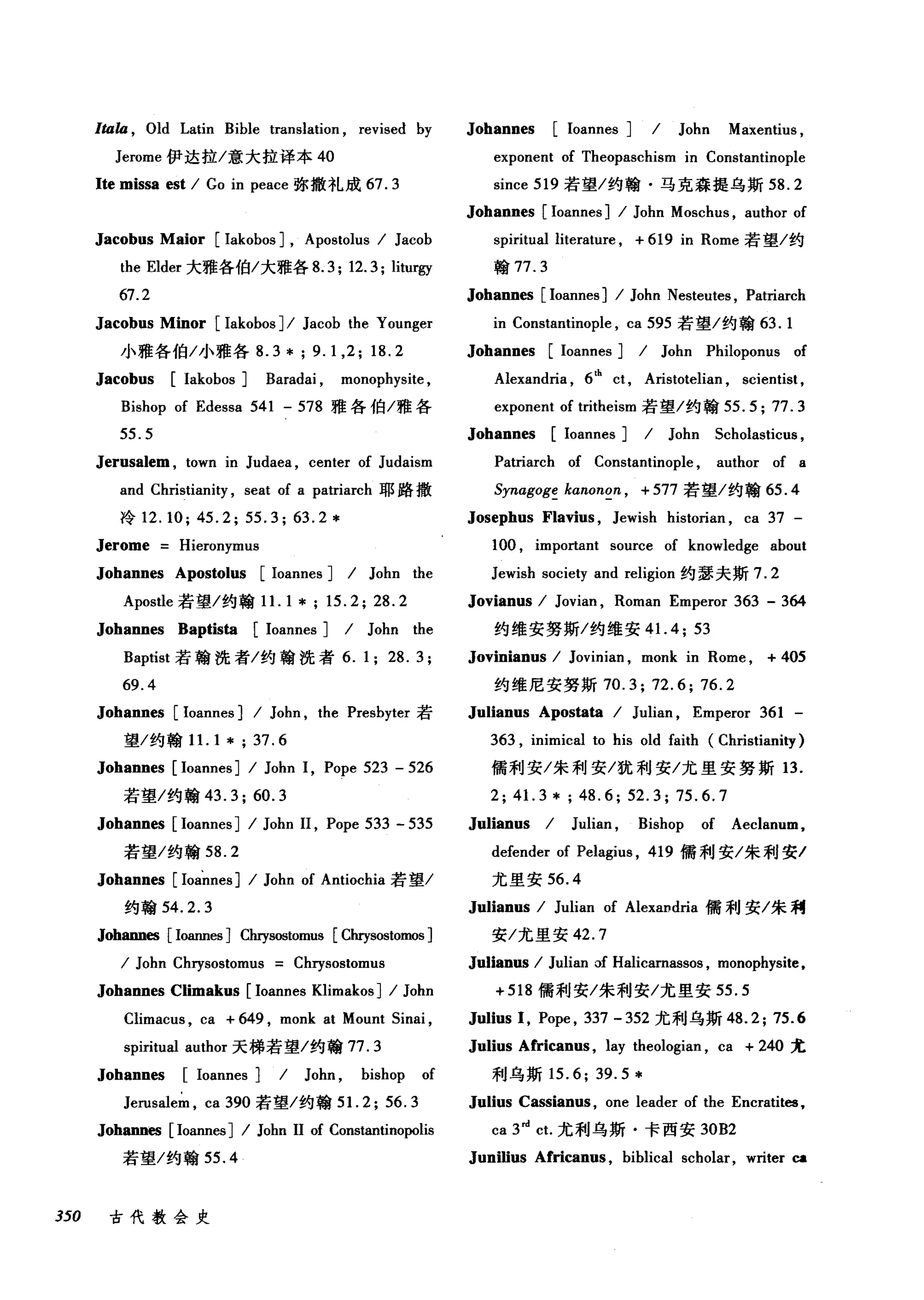 Iω归， Old Latin Bible translation , revised by
Jerome 伊达拉/意大拉译本 40
Ite missa est / Go in peace 弥撒礼成 67.3
Jacobus Maior [Iakobos J , Apostolus / Jacob
the Elder 大雅各伯/大雅各 8.3; 12.3; liturgy
67.2
Jacobus Minor [Iakobos J/ Jacob the Younger
小雅各伯/小雅各 8.3*; 9.1 ,2; 18.2
Jacobus [Iakobos J Baradai , monophysite ,
Bishop of Edessa 541 - 578 雅各伯/雅各
55.5
Jerusalem , town in Judaea , center of Judaism
and Ch由tianity ， seat of a patriarch 耶路撒
冷 12.10; 45.2; 55.3; 63.2 *
Jerome Hieronymus
Johannes Apostolus [Ioannes J / John the
Apostle 若望/约翰 1 1. 1 * ; 15. 2; 28. 2
Johannes Baptista [Ioannes J / John the
Baptist 若翰洗者/约翰洗者 6.1; 28.3;
69.4
Johannes [Ioannes J / John , the Presbyter 若
望/约翰 1 1. 1 *; 37.6
Johannes [Ioannes J / John 1, Pope 523 - 526
若望/约翰 43.3;60.3
Johannes [Ioannes J / John 11 , Pope 533 - 535
若望/约翰 58.2
Johannes [loannesJ / John of Antiochia 若望/
约翰 54.2.3
Johannes [Ioannes J Chrys田tomus [Chrys崎ωmosJ
/ John Chrysostomus Chrysostomus
Johannes Climakus [Ioannes Klimakos J / John
Climacus , ca + 649 , monk at Mount Sinai ,
spiritual author 天梯若望/约翰 77.3
Johannes [Ioannes J / John , bishop of
Jerusalem , ca 390 若望/约翰 5 1. 2; 56.3
Johannes [Ioannes J / John 11 of Constantinopolis
若望/约翰 55.4
350 古代教会史
Johannes [Ioannes J / John Maxentius ,
exponent of Theopaschism in Constantinople
since 519 若望/约翰·马克森提乌斯 58.2
Johannes [Ioannes J / John Moschus , author of
spiritual literature , + 619 in Rome 若望/约
翰 77.3
Johannes [Ioannes J / John Nesteutes , Patriarch
in Constantinople , ca 595 若望/约翰 63.1
Johannes [Ioannes J / John Philoponus of
Alexandria , 6th ct , Aristotelian , scientist ,
exponent of tritheism 若望/约翰 55.5; 77.3
Johannes [Ioannes J / John Scholasticus ,
Patriarch of Constantinople , author of a
Synagoge kαnonon ， +577 若望/约翰 65.4
Josephus Flavius , Jewish historian , ca 37 -
100 , important source of knowledge about
Jewish society and religion 约瑟夫斯 7.2
Jovianus / Jovian , Roman Emperor 363 - 364
约维安努斯/约维安 4 1. 4; 53
Jovinianus / Jovinian , monk in Rome , + 405
约维尼安努斯 70.3; 72.6; 76.2
Julianus Apostata / Julian , Emperor 361 -
363 , inimical to his old faith (Christianity)
儒利安/朱利安/犹利安/尤里安努斯 13.
2; 41. 3 * ; 48.6; 52.3; 75.6.7
Julianus / Julian , Bishop of Aeclanum ,
defender of Pelagius , 419 儒利安/朱利安/
尤里安 56.4
Julianus / Julian of AlexaDd由儒利安/朱利
安/尤皇安 42.7
Julianus / Julian of Halicamassos , monophysite ,
+518 儒利安/朱利安/尤里安 55.5
Julius 1, Pope , 337 - 352 尤利乌斯 48.2; 75.6
Julius Africanus , lay theologian , ca + 240 尤
利乌斯 15.6; 39.5*
Julius Cassianus , one leader of the Encratites,
ca 3nl
ct.尤利乌斯·卡西安 30B2
Junilius Africanus , biblical scholar, writer ca
 