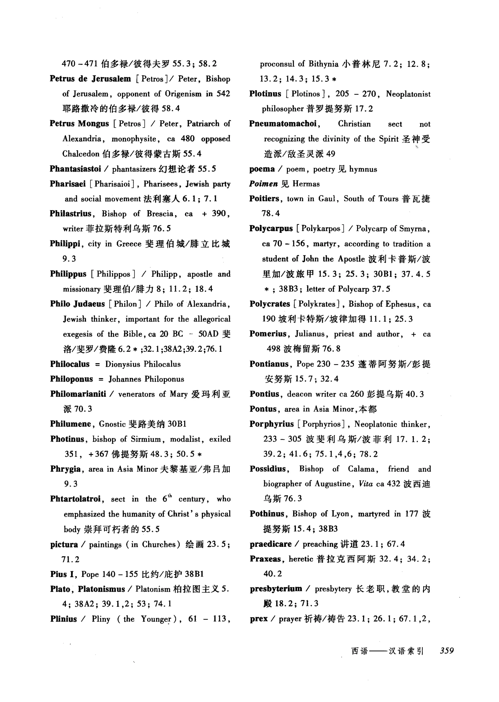 470 -471 伯多禄/彼得夫罗 55.3; 58.2 proconsul of Bithynia 小普林尼 7.2; 12.8;
Petrus de J erusalem [Petros ] / Peter, Bishop 13. 2; 14. 3; 15. 3 *
of Ierusalem , opponent of Origenism in 542 Plotinus [Plotinos J , 205 - 270 , Neoplatonist
耶路撒冷的伯多禄/彼得到. 4 philosopher 普罗提努斯 17.2
Petrus Mongus [Petros ] / Peter, Patriarch of Pneumatomachoi , Christian sect not
Alexandria , monophysite , ca 480 opposed
Chalcedon 伯多禄/彼得蒙古斯 55 .4
Phantasiastoi / phantasizers 幻想论者 55.5
Pharisaei [Pharisaioi ] , Pharisees , Iewish party
and social movement 法利塞人 6.1; 7.1
Philastrius , Bishop of Brescia , ca + 390 ,
writer 菲拉斯特利乌斯 76.5
Phi1ippi , city in Greece 斐理伯城/陈立比城
9.3
Phi1ippus [Philippos ] / Philipp , apostle and
missionary 斐理伯/脐力 8; 11. 2; 18.4
Philo Judaeus [Phi1on ] / Philo of Alexandria ,
Jewish thinker, important for the allegorical
exegesis of the Bible , ca 20 BC - 50AD 斐
洛/斐罗/费隆 6.2 * ;32.1 ;38A2 ;39.2;76.1
Philocalus Dionysius Philocalus
Philoponus Johannes Philoponus
Philomarianiti / venerators of Mary 爱玛利亚
派 70.3
Philumene , Gnostic 斐路美纳 30Bl
Photinus , bishop of Sirmium , modalist , exiled
351 , + 367 佛提努斯 48.3; 50.5 *
Phrygia , area in Asia Minor 夫黎基亚/弗吕加
9.3
Phtartolatroi , sect in the 61h
century , who
emphasized the humanity of Christ' s physical
body 崇拜可朽者的 55.5
pictura / paintings (in Churches) 绘画 23.5;
71. 2
Pius 1, Pope 140 -155 比约/庇护 38Bl
Plato , Platonismus / Platonism 柏拉图主义 5.
4; 38A2; 39.1 ,2; 53; 74. 1
Plinius / Pliny (the Younge! ), 61 - 113 ,
recognizing the divinity of the Spirit 圣神受
造派/敌圣灵派 49
poema / poem , poet巧见 hymnus
Poimen 见 Hermas
Poitiers , town in Gaul , South of Tours 普瓦捷
78.4
Polycarpus [Polykarpos] / Polycarp of Smyrna ,
ca 70 - 156 , martyr, according to tradition a
student of John the Apostle 波利卡普斯/波
里加/波旅甲 15.3; 25.3; 30Bl; 37.4.5
* ; 38B3; letter of Polycarp 37.5
Polycrates [Polykrates] , Bishop of Ephesus , ca
190 坡利卡特斯/坡律加得 1 1. 1; 25.3
Pomerius , Julianus , priest and author, + ca
498 波梅留斯 76.8
Pontianus , Pope 230 - 235 蓬蒂阿努斯/彭提
安努斯 15.7;32.4
Pontius , deacon writer ca 260 彭提乌斯 40.3
Pontus , area in Asia Minor ，本都
Porphyrius [Po甲hyriosJ , Neoplatonic thinker ,
233 - 305 波斐利乌斯/波菲利 17. 1. 2;
39.2; 41.6; 75.1 ,4 ,6; 78.2
Possidius , Bishop of Calama , friend and
biographer of Augustine , Vita ca 432 波西迪
乌斯 76.3
Pothinus , Bishop of Lyon , martyred in 177 波
提努斯 15.4; 38B3
praedicare / preaching 讲道 23.1; 67.4
Praxe筒， heretic 普拉克西阿斯 32.4; 34.2;
40.2
presbyterium / presbytery 长老职，教堂的内
殿 18.2; 71. 3
prex / prayer 祈祷/祷告 23.1; 26.1; 67.1 ,2 ,
西语一一-汉语索引 359
 