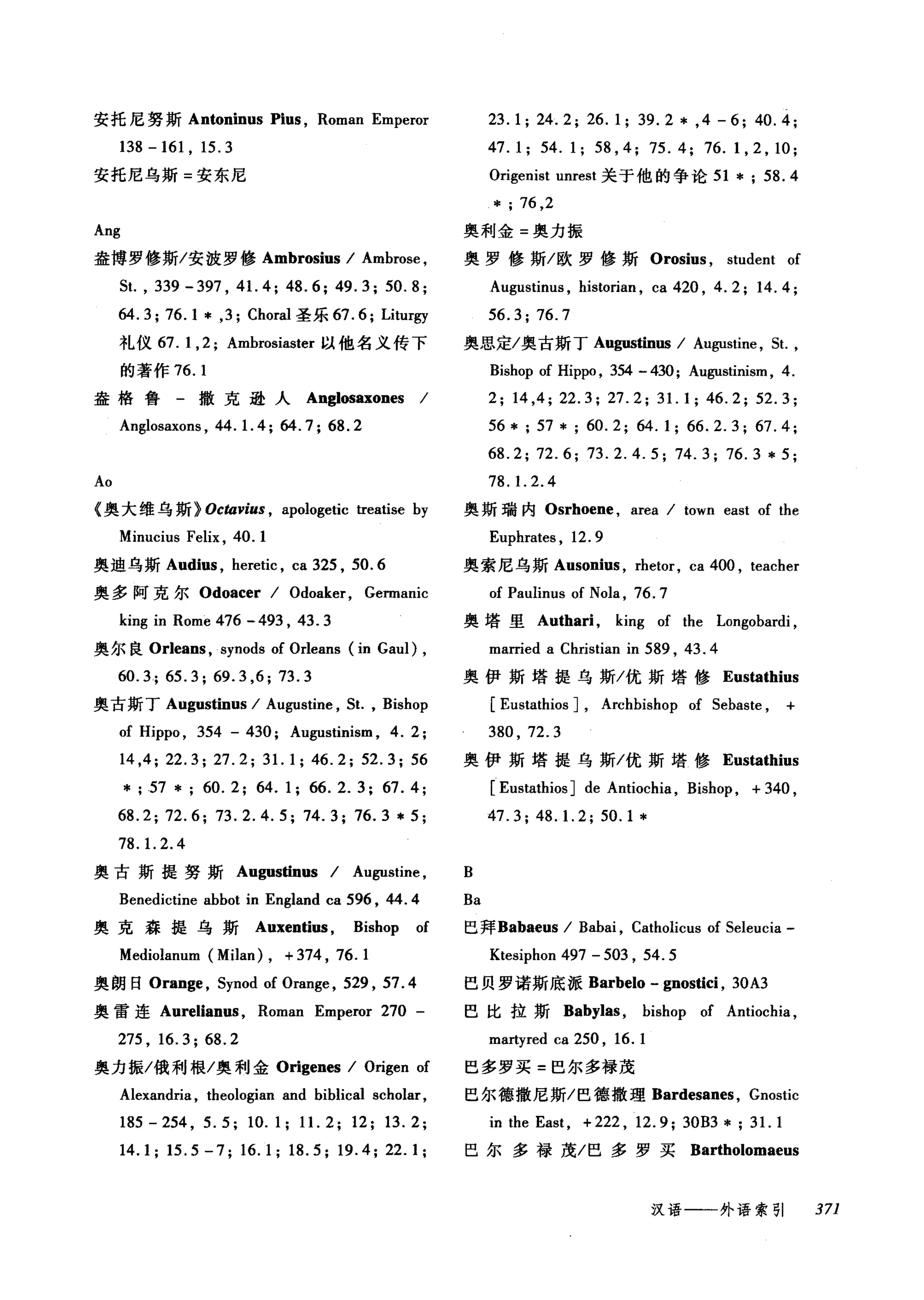安托尼努斯 Antoninus Pius , Roman Emperor
138 -161 , 15.3
安托尼乌斯=安东尼
23.1; 24.2; 26.1; 39.2 * ,4 -6; 40.4;
47.1; 54.1; 58 , 4; 75.4; 76.1 , 2 , 10;
Origenist unrest 关于他的争论 51 * ; 58.4
* ; 76 ,2
Ang 奥利金=奥力振
盎搏罗修斯/安波罗修 Ambrosius / Ambrose , 奥罗修斯/欧罗修斯 Orosius , student of
5t., 339-397 , 41. 4; 48.6; 49.3; 50.8;
64.3; 76.1 * ,3; Choral 圣乐 67. 6; Liturgy
礼仪 67. 1,2; Ambrosiaster 以他名义传下
的著作 76.1
盎格鲁-撒克逊人 Anglosaxones /
Anglosaxons , 44. 1. 4; 64.7; 68.2
Augustinus , historian , ca 420 , 4.2; 14.4;
56.3; 76.7
奥思定/奥古斯丁 Augustinus / Augustine , 5t. ,
Bishop of Hippo , 354 -430; Augustinism , 4.
2; 14 ,4; 22.3; 27.2; 31. 1; 46.2; 52.3;
56 * ; 57 * ; 60. 2; 64. 1; 66. 2. 3; 67. 4;
68.2; 72.6; 73.2.4.5; 74.3; 76.3 *5;
Ao 78.1.2.4
《奥大维乌斯 >Ocωvius ， apologetic treatise by 奥斯瑞内 Osrhoe时， area / town east of the
Minucius Felix , 40. 1 Euphrates , 12.9
奥迪乌斯 Audius ， heretic , ca 325 , 50.6 奥索尼乌斯 Ausonius ， rhetor, ca 400 , teacher
奥多阿克尔 Odoacer / Odoaker, Germanic of Paulinus of Nola , 76.7
king in Rome 476 - 493 , 43.3 奥塔里 Authari ， king of the Longobardi ,
奥尔良 Orleans ， synods of Orleans (in Gaul) , married a Christian in 589 , 43. 4
60.3; 65.3; 69.3 ,6; 73.3 奥伊斯塔提乌斯/优斯塔修 Eustathius
奥古斯丁 Augustinus / Augustine ，也， Bishop [ Eustathios ], Archbishop of Sebaste , +
。f Hippo , 354 - 430; Augustinism , 4. 2; 380 , 72. 3
14 ,4; 22.3; 27.2; 31.1; 46.2; 52.3; 56 奥伊斯塔提乌斯/优斯塔修 Eustathius
* ; 57 * ; 60. 2; 64. 1; 66. 2. 3; 67. 4; [ Eustathios] de Antiochia , Bishop , + 340 ,
68.2;72.6; 73.2.4.5; 74.3; 76.3*5; 47.3;48. 1. 2;50.1*
78. 1. 2.4
奥古斯提努斯 Augustinus / Augustir毗 B
Benedictine abbot in England ca 596 , 44.4
奥克森提乌斯 Auxenti圃 Bishop of
Mediolanum (Milan) , + 374 , 76. 1
奥朗日 Orange ， 5ynod of Orange , 529 , 57. 4
奥雷连 Aurelianus ， Roman Emperor 270 -
275 , 16.3; 68.2
奥力振/俄利根/奥利金 Origenes / Origen of
Alexandria , theologian and biblical scholar,
185-254 , 5.5; 10.1; 11. 2; 12; 13.2;
14.1; 15.5 -7; 16.1; 18.5; 19.4; 22.1;
Ba
巴拜Babaeus / Babai , Catholicu
