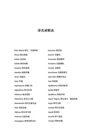 译名对照表
Abbe Benoit 阿贝·本诺伊特
Abaris 阿巴里斯
Achaia 亚该亚
Achil岱阿奇莱斯
Actaeons 阿克泰翁
A侃cidae 埃阿西德
Aëtius 埃提乌
Aeon 伊涌
Agamernnon 阿伽门农
Aglaophons 阿戈拉弗
Aidoneus 埃多纽斯
Alexandria 亚历山大城
Alcmaeonids 阿尔克曼尼兹
Alias 埃利亚斯
Alph创S 阿尔菲乌斯
Ambrose 安波罗修
Anaxagoras 阿那克萨戈拉
Anastasia 复活堂
Andrew 安德烈
Anomoean 阿诺摩伊
Anthimus 安提姆斯
Anti<ωh 安提阿
Antisthenes 安提斯泰尼
Aphrodite 阿佛罗狄;武
Apis 阿庇斯
Apollinarius 阿波利拿里
Apol1o 阿波罗
Apol1onius 阿波罗纽
Argive Pegasus 阿尔基乌·佩迦苏斯
Argos 阿耳戈斯
Arternis 阿耳;武弥斯
Aquila 阿奎拉
Arcadia 阿卡迪亚
Ariadne 阿里亚德
 