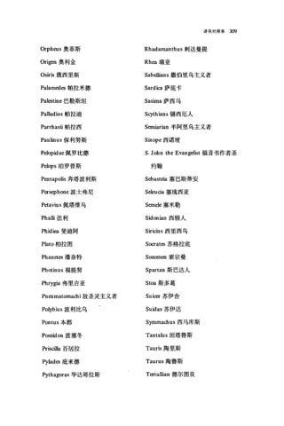 译名对照表 3æ
Orpheus 奥菲斯 Rhadamanthus 刺达曼提
Origen 奥利金 Rhea 瑞亚
Osiris 俄西里斯 Sabellians 撒伯里乌主义者
Palamedes 帕拉米德 Sardica 萨底卡
Palestine 巴勒斯坦 Sasirna 萨西马
Palladius 帕拉迪 Scythians 锡西厄人
Parrhasü 帕拉西 S巳miarian 半阿里乌主义者
Paulinus 保利努斯 Sinope 西诺坡
Pelopidae 佩罗比德 S. John the Evangelist 福音书作者圣
Pelops 础罗普斯 约翰
Pentapolis 奔塔波利斯 Sebasteia 塞巴斯蒂安
Persephone 波士弗尼 Seleucia 塞琉西亚
Petavius 佩塔维乌 Semele 塞米勒
Phalli 法利 Sidonian 西顿人
Phidiea 斐迫阿 Siricius 西里西乌
Plato 柏拉图 S旧ates 苏格拉底
Phanetes 潘奈特 Sozomen 索宗曼
Photinus 福提努 Spartan 斯巴达人
Phrygia 弗里吉亚 Stoa 斯多葛
Pneumatomachi 敌圣灵主义者 Sui，阳苏伊舍
Polybius 波利比乌 Suidas 苏伊达
Pontus 本都 Symmachus 西马库斯
Poseidon 波塞冬 Tantalus 坦塔鲁斯
Priscilla 百居拉 Tauris 陶里斯
Py1ades 庇来德 Taurus 陶鲁斯
时thagoras 毕达哥拉斯 Tertullian 德尔图良
 