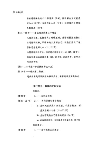 82 论道成肉身
唯有道能解决这个二律背反 (7.4)。他的解决方式就是
成为人 (8 节) ，为我们众人死 (9 节)。这样做的合理性
及其结果 (10 节)
第 11 一16 节一一道成肉身的第二个理由
人离弃了道，也就丧失了理性原理，凭借理性原理他们
才可能认识神。尽管神向人显明自己，但他们陷入了迷
信和思想败坏之中 (11 、 12 节)
为何没有别的方法，唯有道才能医治这一点 (13 、 14 节)
他如何实际地成就这事(15 、 16 节)。道成肉身，显明不
可见的神性
(第 17 、 18 节进一步具体解释这一点)
第 19 节一一转到第二部分:
道成肉身是不容辩驳的神圣启示。基督的死尤其是如此
第二部分基督的死和复活
他的死.
第 20 节 1. 一一为何必须死
第 21-25 节 2. 一一为何是被钉十字架死
a. 为何死在大庭广众之前，不是自然死，而
是死在别人之手 (21-23 节)
b. 为何不是他自己选择的死法 (24 节)
C. 在各种死法中，为何就是十字架之死 (25 节)
他的复活.
第 26 节 1. 一一为何在第三天复活
 