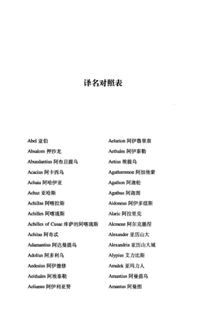 译名对照表
Abel 亚伯 Aelurion 阿伊鲁里翁
Absa10m 押沙龙 Aetha1es 阿伊泰勒
Abun由叫出阿布旦提乌 Aetius 埃提乌
Acacius 阿卡西乌 Agathammon 阿加他蒙
Achaia 阿哈伊亚 Agathon 阿迦松
Achaz 亚哈斯 Agathus 阿迦图
Achillas 阿喀拉斯 Aidoneus 阿伊多纽斯
Achilles 阿喀琉斯 Alaric 阿拉里克
Achill四 of 仇sae 库萨的阿喀琉斯 Alcmene 阿尔克墨涅
Achitas 阿奇;武 Alexander 亚历山大
Adamantius 阿达曼提乌 Alexandria 亚历山大城
Adolius 阿多利乌 Alypius 艾力比斯
Aedesius 阿伊德修 Ama1ek 亚玛力人
Aeitha1es 阿埃泰勒 Amantius 阿曼提乌
Aelianus 阿伊利亚努 Amantus 阿曼图
 