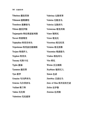 3ω 论道成肉身
Tibe血us 提伯里努 Valerinus 瓦勒里努
Tillemont 提勒蒙特 Valerius 瓦勒里乌
Timotheus 提摩泰乌 Valesius 瓦勒西乌
Tithoes 提托伊斯 Verissimus 维里西姆
Tr:得anopolis 特拉简诺波利斯 Viator 维阿托
Treveri 特雷维里 Victor 维克托
Triphyllius 特里菲利乌 Victorinus 维克托里
Triptolemus 特里波托勒姆斯 Victurus 维克图鲁
Trojans 特洛伊人 Vin∞ntius 维森提乌
Tryphon 特里风 Vitalius 维他利乌
Tuωany 托斯卡尼 Viω 维托
Typho 提福 Worms 沃尔姆斯
τ'yrannus 提拉努 Xc抖ùans 锡西厄人
可re 推罗 Xenon 色诺
Ursacius 乌尔萨西乌 Zenobius 芝诺比乌
Ursicius 乌尔西西乌 Zeno of B四埃利亚的芝诺
Vaillant 维兰特 Zoilus 佐伊鲁
Valens 瓦伦斯 Zosimus 佐西姆
Valen由lUS 瓦伦提努
 