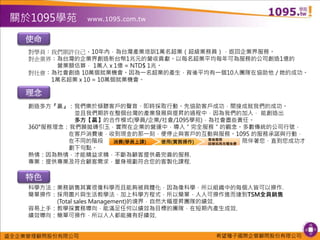希望種子國際企管顧問股份有限公司盛全企業管理顧問股份有限公司
對學員：我們期許自己，10年內，為台灣產業培訓1萬名超業（超級業務員），返回企業界服務。
對企業界：為台灣的企業界創造新台幣1兆元的營收貢獻。以每名超業平均每年可為服務的公司創造1億的
營業額估算， 1萬人 x 1億 = NTD$ 1兆。
對社會：為社會創造 10萬個就業機會。因為一名超業的產生，背後平均有一個10人團隊在協助他 / 她的成功。
1萬名超業 x 10 = 10萬個就業機會。
科學方法：業務銷售其實很像科學而且能夠被具體化，因為像科學，所以組織中的每個人皆可以操作.
簡單操作：採用圖片與生活教學法，加上科學方程式，所以簡單，人人可操作進而達到TSM全員銷售
(Total sales Management)的境界，自然大幅提昇團隊的績效.
容易上手：教學採實務導向，能滿足任何以績效為目標的團隊，在短期內產生成效.
績效導向：簡單可操作，所以人人都能擁有好績效.
創造多方『贏』：我們樂於傾聽客戶的聲音、即時採取行動。先協助客戶成功，間接成就我們的成功。
並且我們期許在整個台灣的產業發展與提昇的過程中，因為我們的加入， 能創造出
多方【贏】的合作模式(學員/企業/社會/1095學苑)，為社會盡些責任。
360°服務理念：我們願拋磚引玉，實際在企業的營運中，導入＂完全服務＂的觀念。多數傳統的公司行號，
在客戶消費後，收到現金的那一刻，便停止與客戶的互動與服務。1095 的服務承諾與行動，
在不同的階段 陪伴著您，直到您成功才
劃下句點。
熱情：因為熱情，才能精益求精，不斷為顧客提供最完善的服務.
專業：提供專業及符合顧客需求，量身規劃符合您的客製化課程.
理念
特色
使命
消費(學員上課) 使用(實務操作)
售後服務
回學苑再充電免費
關於1095學苑 www.1095.com.tw
 