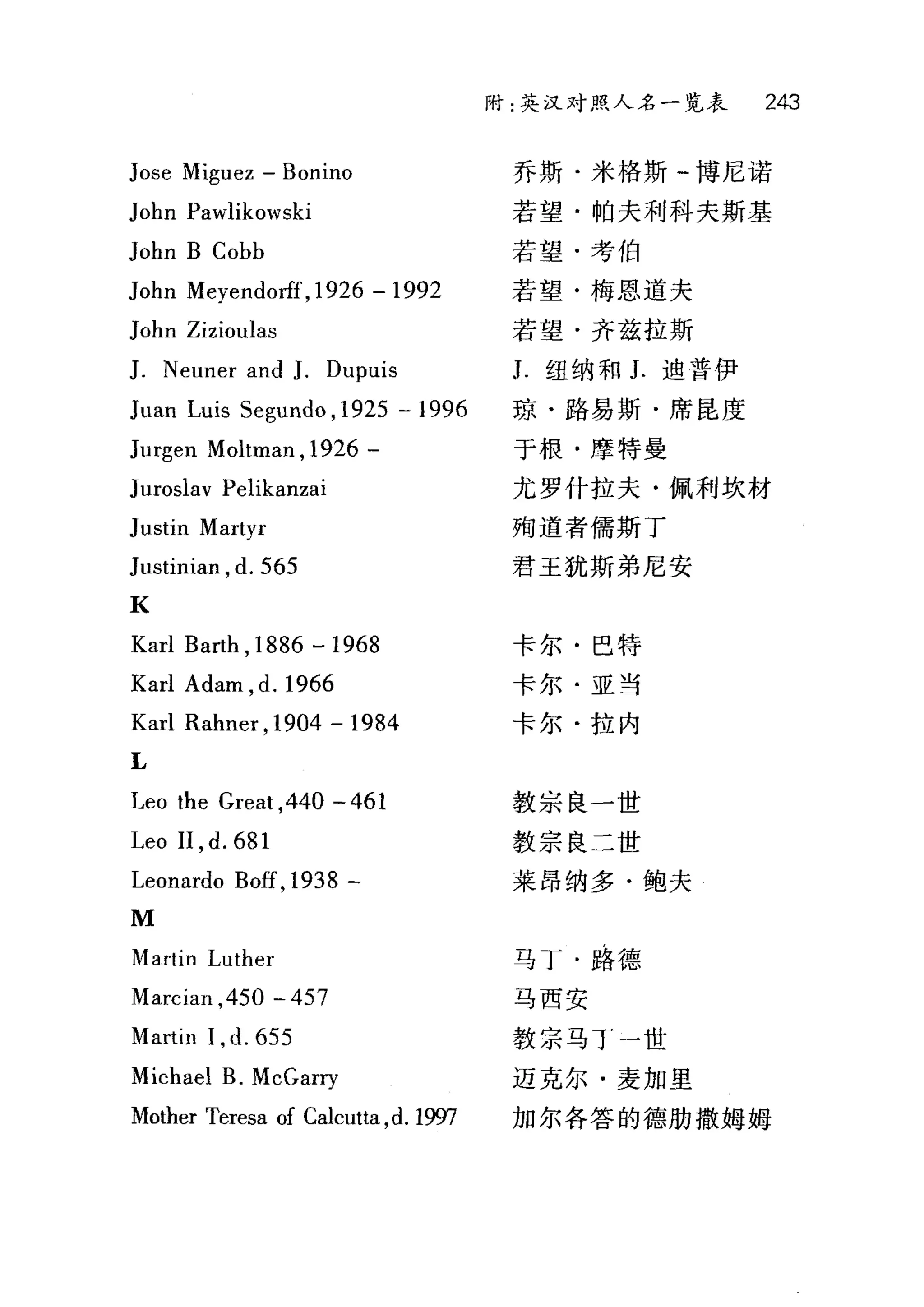 附:英汉对照人名一览表 243
Jose Miguez - Bonino 乔斯·米格斯甲博尼诺
John Pawlikowski 若望·帕夫利科夫斯基
John B Cobb 若望·考伯
John Meyendorff,1926 - 1992 若望·梅恩道夫
John Zizioulas 若望·齐兹拉斯
J. Neuner and J. Dupuis J. 纽纳和 j 迪普伊
Juan Luis Segundo ,1925 - 1996 琼·路易斯·席昆度
Jurgen Moltman ,1926 - 于根·摩特曼
Juroslav Pelikanzai 尤罗什拉夫·佩利坎材
Justin Martyr 殉道者儒斯丁
Justinian ,d. 565 君王犹斯弟尼安
K
Karl Barth ,1886 - 1968
Karl Adam ,d. 1966
Karl Rahner ,1904 - 1984
L
Leo the Great ,440 -461
Leo II ,d. 681
Leonardo Boff,1938 -
M
Martin Luther
酬'-3dattu
7
η
E
M
5MCA
斗
5
G
d
-
M
、
J
P
U
6
·
、
心
6
M
M
f
j
B
如
hLJmud
m
M
n
u
m
汀
陀
-
m
E
B
巾
aa-UHMUMMMM
卡尔·巴特
卡尔·亚当
卡尔·拉内
教宗良一世
教宗良二世
莱昂纳多·鲍夫
马丁·路德
马西安
教宗马丁一世
迈克尔·麦加里
加尔各答的德肋撒姆姆
 