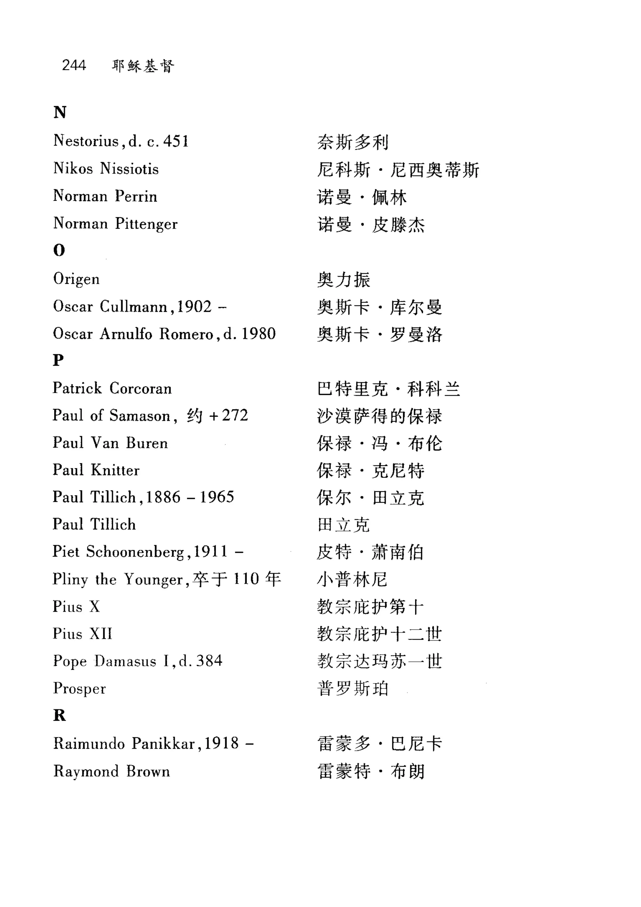 244 耶稣基督
N
Nestorius ,d. c. 451
Nikos Nissiotis
Norman Perrin
Norman Pittenger
O
Origen
Oscar Cullmann , 1902 一
Oscar Arnulfo Romero , d. 1980
P
Patrick Corcoran
Paul of Samason ，约 +272
Paul Van Buren
Paul Knitter
Paul Tillich ,1886 - 1965
Paul Tillich
Piet Schoonenberg ,1911 -
Pliny the Younger ，卒于 110 年
Pius X
Pius XII
Pope Damasus 1, d. 384
Prosper
R
Raimundo Panikkar ,1918 -
Raymond Brown
奈斯多利
足科斯·尼西奥蒂斯
诺曼·佩林
诺曼·皮滕杰
奥力振
奥斯卡·库尔曼
奥斯卡·罗曼洛
巴特里克·科科兰
沙漠萨得的保禄
保禄·冯·布伦
保禄·克尼特
保尔·田立克
固立克
皮特·萧南伯
小普林尼
教宗庇护第十
教宗庇护十二世
教宗达玛苏一世
普罗斯咱
雷蒙多·巴尼卡
雷蒙特·布朗
 