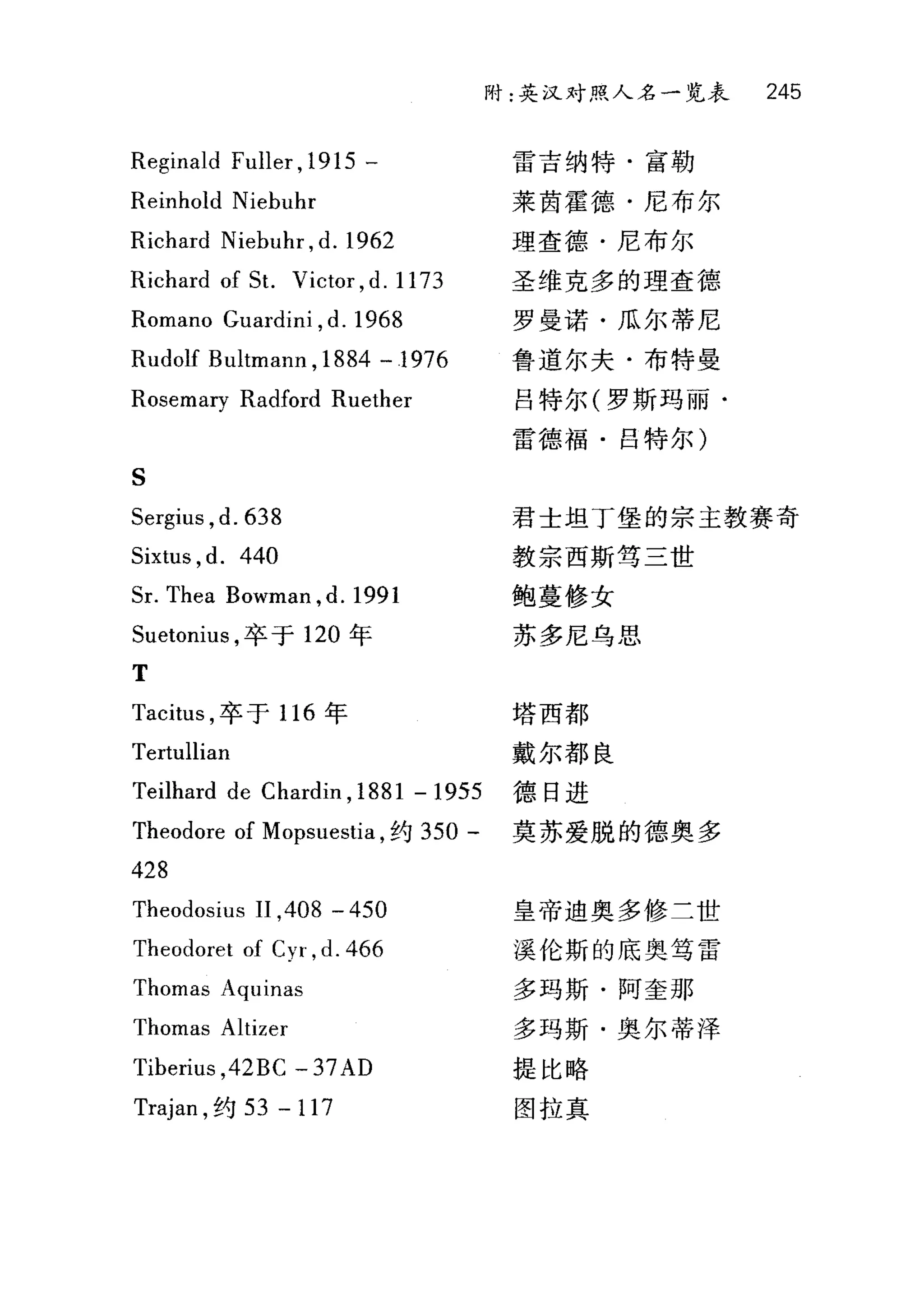 附:英 J又对照人名一览表 245
Reginald Fuller , 1915 一 雷吉纳特·富勒
Reinhold Niebuhr 莱茵霍德·尼布尔
Richard Niebuhr ,d. 1962 理查德·尼布尔
Richard of St. Victor ,d. 1173 圣维克多的理查德
Romano Guardini ,d. 1968 罗曼诺·瓜尔蒂尼
Rudolf Bultmann ,1884 -1976 鲁道尔夫·布特曼
Rosemary Radford Ruether 吕特尔(罗斯玛ElEl·
雷德福·吕特尔)
S
Sergius ,d. 638 君士坦丁堡的宗主教赛奇
Sixtus ,d. 440 教宗西斯笃=世
Sr. Thea Bowman ,d. 1991 鲍蔓修女
SuetonÍt风卒于 120 年 苏多尼乌思
T
Tacitus ，卒于 116 年 塔西都
Tertullian 戴尔都良
Teilhard de Chardin ,1881 - 1955 德日进
Theodore of Mopsuestia ，约 350 - 莫苏爱脱的德奥多
428
Theodosius II ,408 - 450 皇帝迪奥多修工世
Theodoret of Cyr ,d. 466 提伦斯的底奥笃雷
Thomas Aquinas 多玛斯·阿奎那
Thomas Altizer 多玛斯·奥尔蒂泽
Tiberius ,42BC - 37 AD 提比略
Trajan ，约 53 一 117 图拉真
 