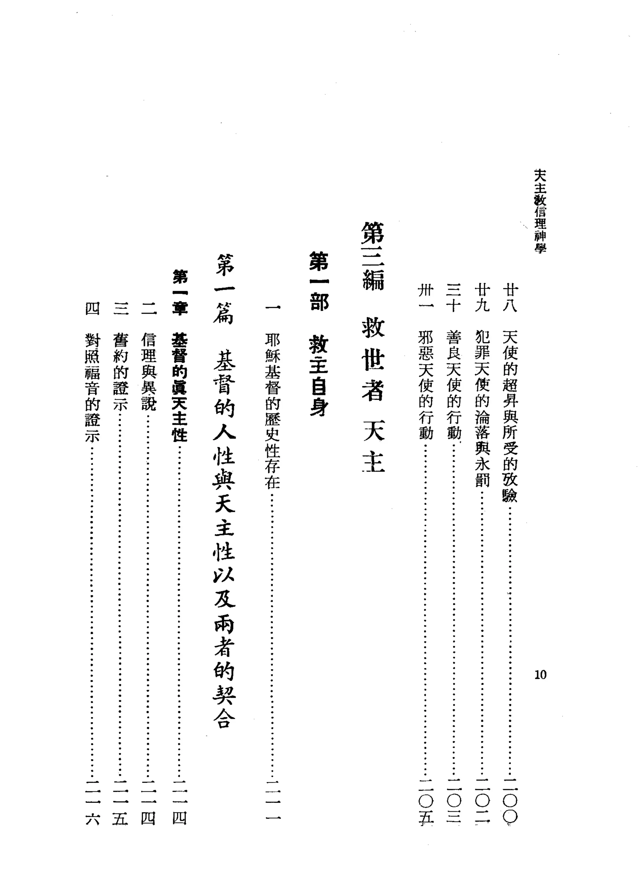 夫
主
教
信
理
科
學
卅三廿廿
一十九八
第
三
編
第
一
部
"
弟
一
紗
布
第
三
軍
10
天
使
的
超
昇
與
所
受
的
故
驗
j
i
-
-
•.
ji--ji--
••
ji--ji--
••••.••
二
O
O
犯
罪
天
便
的
淪
落
與
永
罰
....
ji---ji---ji---ji--ji--
.•.....
二
O
二
←
善
良
天
使
的
行
動
......•....
ji---ji--Ji--
•...•..•...
j
i
-
-
-
j
i
-
-
二
O
三
邪
惡
天
使
的
行
動
....
ji---ji--
.•
ji--ji--ji--
•..•.••.•••.•..•
二
O
五
救
世
者
天
主
救
主
自
身
耶
穌
基
督
的
歷
史
性
存
在
基
督
的
人
性
與
天
主
性
以
及
兩
者
的
契
合
基
督
的
真
天
主
性
四
四=一
信
理
與
異
議
.....................................................................
一
三
四
舊
約
的
證
示
..•..•..•.••.•••••.••.••••....•...••.•••.•...........•.••..•..•..•...
二
一
五
對
照
福
音
的
證
示
-
j
i
-
-
j
i
-
-
••••.••
ji--
.•••••
ji---ji--
•••••••
二
一
六
 