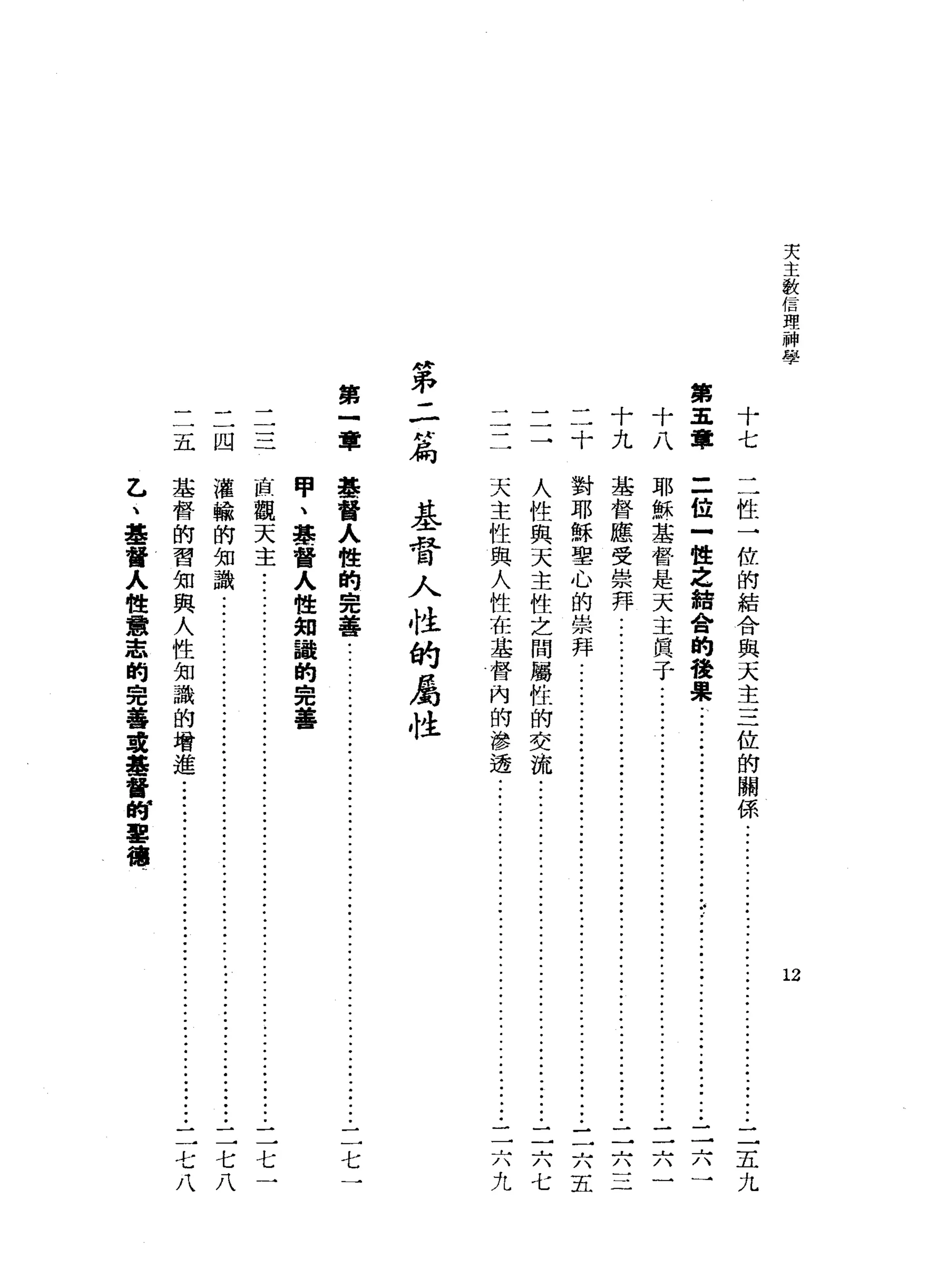 天
主
教
信
理
神
學
十
七
第
十五
八軍
二二二十
二→十九
"
弟
二H扁
第
一
章一
一
一
一
一
12
二
性
→
仕
的
結
合
與
天
主
三
位
的
關
係
...
ji--
•........••.•........•.••••
二
五
九
三
位
-
…
世
之
結
合
的
發
果-
j
i
-
-
-
j
i
-
-
.••.••.•
dJi--
•.
ji--
.••.••..•
二
六
一
耶
穌
基
督
是
天
主
貝
子
...
ji--
••
ji--
.••.•.
ji--
..•...•
ji--
•.•...•
二
六
一
基
督
應
受
崇
拜
.............
ji--
.••..•
ji--
•.••....••..•.••....
ji--
..•
二
六
三
對
耶
穌
聖
心
的
崇
拜
.............
ji--
.••.••..•..•........•..........••••••••
三
六
五
人
性
與
天
主
性
之
間
屬
性
的
交
流
......
ji--
...••.............
Ji--
•.••
二
六
七
天
主
性
與
人
性
在
基
督
內
的
滲
透
..........................................
二
六
九
基
督
人
性
的
屬
性
基
督
人性
的
::7c
善
七
五四
基 i車直甲
督輪觀、
的的天舉
習知主督
知識;人
與性
人知
性議
知的
識完
的善
增
進
七七七
八八一
乙
、
基
督
人
性
意
志
的
完
善
護
基
督
師
軍
幢
幢
 