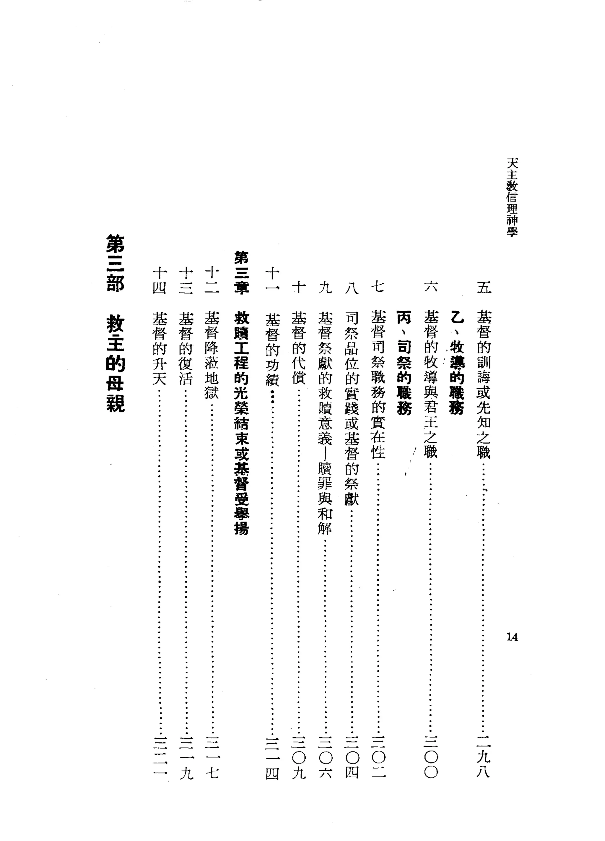 天
主
教
信
理
神
學
十
第
三
軍十十十
凹三二
第
三
部
14
五
基
督
的
訓
誨
或
先
知
之
職
.....
"-ji--
..•
ji--
•.•..
JJ.-
....
ji--
...
二
九
八
乙
、
牧
講
的
曬
鶴
基
脅
的
牧
導
與
君
王
之
職
.......
ji---ji--
•••.••..•.•.......•.•
-.••••
三
O
O
筒
、
司
斃
的
轅
務
基
督
司
祭
職
務
的
實
在
性
J
i
-
-
-
j
i
-
-
-
j
i
-
-
••••..........
ji--
.••..•
三
O
二
司
祭
品
仕
的
實
踐
或
基
督
的
無
獻
........
ji--
•..•............••
j
i
-
-
-
三
O
四
基
督
祭
獻
的
救
贖
意
義
i
贖
罪
與
和
解
..•..•....•.....
ji--
.........••••••
三
O
六
基
督
的
代
償
.......................•••............•....•.....................•...
三
O
九
華
督
的
功
積
•••........
ji---ji--
.•..
ji--
.•.•.••...•....
ja--
.•.•...
一
一
三
四
占
/、
七八九十
教
贖
工
程
的
光
贊
結
束
或
捧
督
受
學
揚
基
督
降
夜
地
獄
j
i
-
-
•..•....
ji---ji--Ji--
•.
ji--
.•........••.••
三
三
七
基
督
的
復
活
..•...........•.......................•..•.....•.................•.•
士
三
九
基
督
的
升
天
.................•.................•..•........•....................
士
立
二
教
主
的
每
親
 
