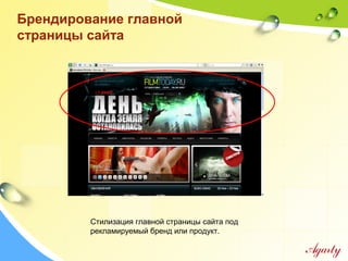 Брендирование главной
страницы сайта
Стилизация главной страницы сайта под
рекламируемый бренд или продукт.
 