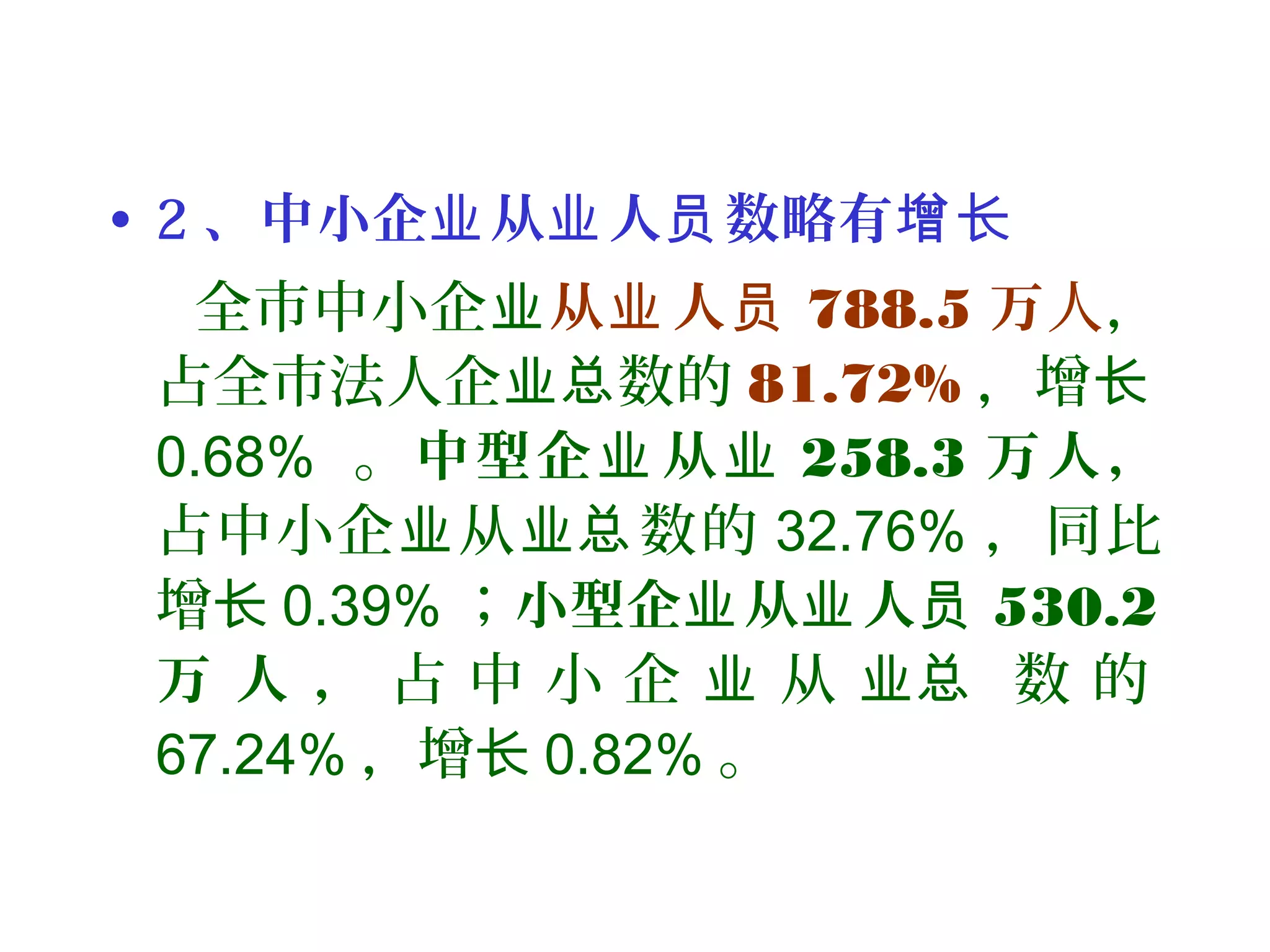 • 2 、中小企 从 人 数略有业 业 员 增长
全市中小企业从 人业 员 788.5 万人，
占全市法人企 数的业总 81.72% ，增长
0.68% 。中型企 从业 业 258.3 万人，
占中小企 从 数的业 业总 32.76% ，同比
增长 0.39% ；小型企 从 人业 业 员 530.2
万 人 ， 占 中 小 企 从 数 的业 业总
67.24% ，增长 0.82% 。
 