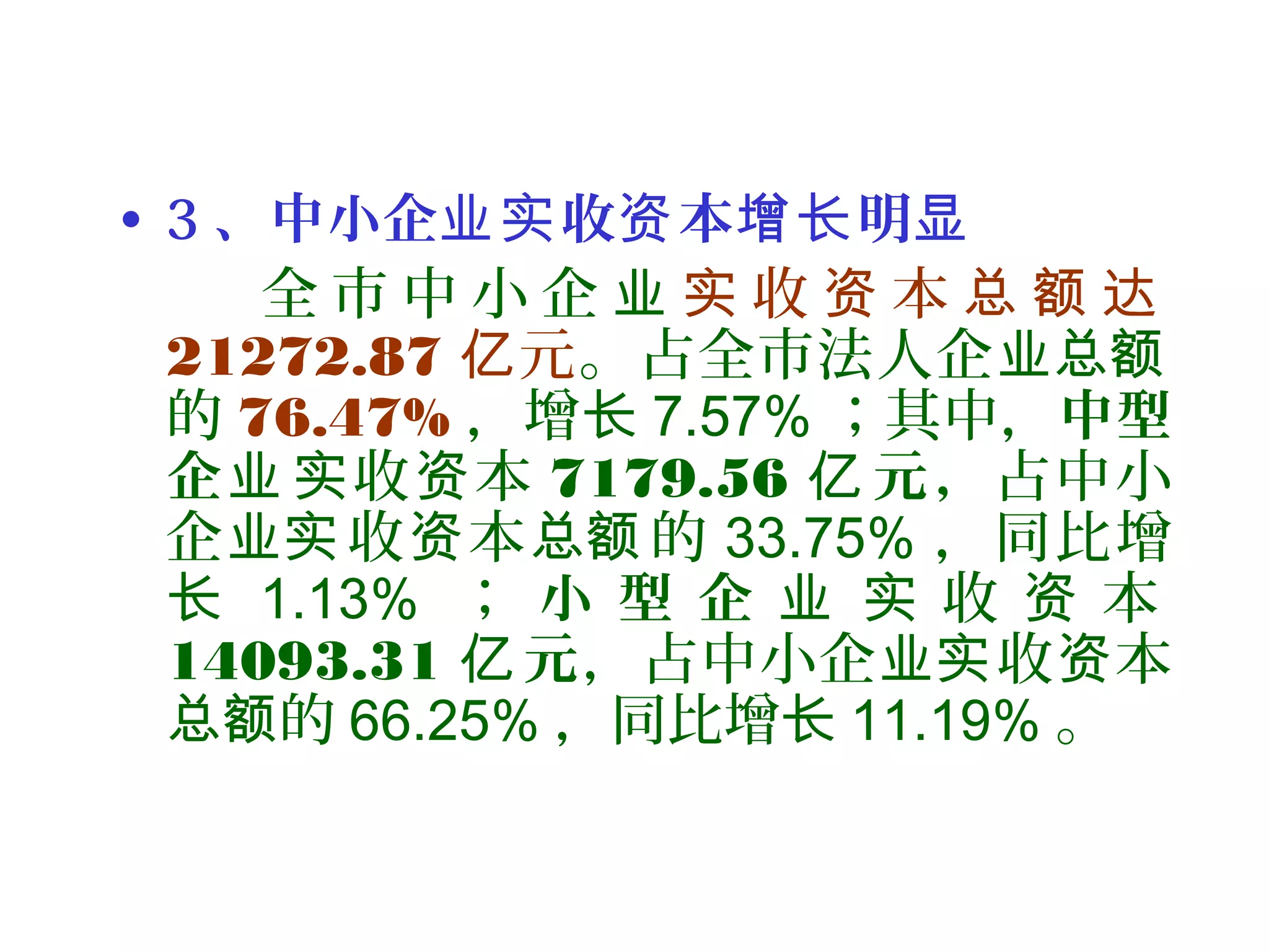 • 3 、中小企 收 本 明业实 资 增长 显
全 市 中 小 企 业 收 本实 资 总 额 达
21272.87 元亿 。占全市法人企业总额
的 76.47% ，增长 7.57% ；其中，中型
企业 收 本实 资 7179.56 元，亿 占中小
企 收 本 的业实 资 总额 33.75% ，同比增
长 1.13% ； 小 型 企 业 收 本实 资
14093.31 元亿 ，占中小企 收 本业实 资
的总额 66.25% ，同比增长 11.19% 。
 